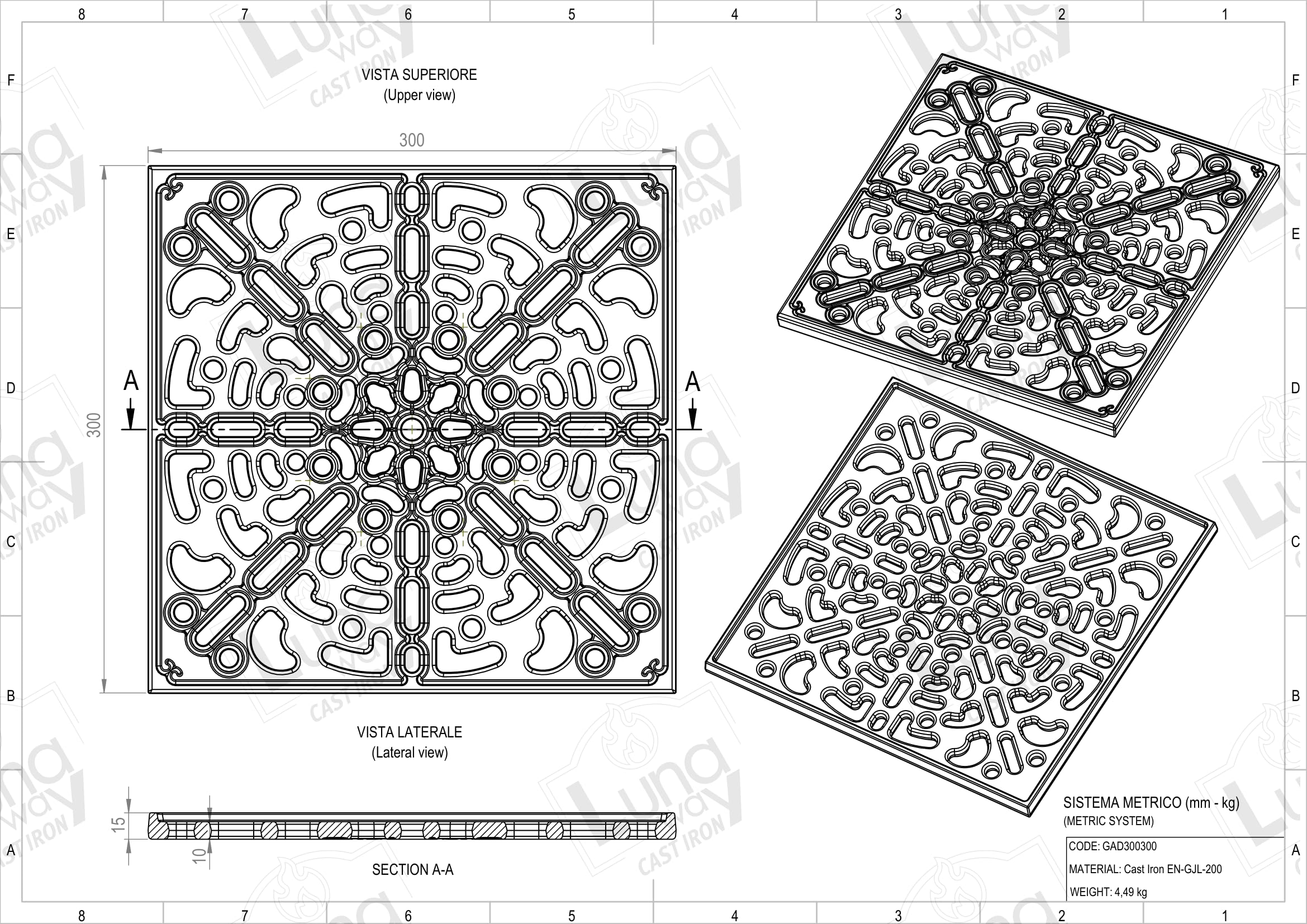 30 x 30 cm - Griglia aerazione ghisa quadrata per camino e cappa by LUNAWAY | Piastra di ventilazione in ghisa per camini e stufe. Favorisce il ricambio dell'aria ed è resistente al calore.