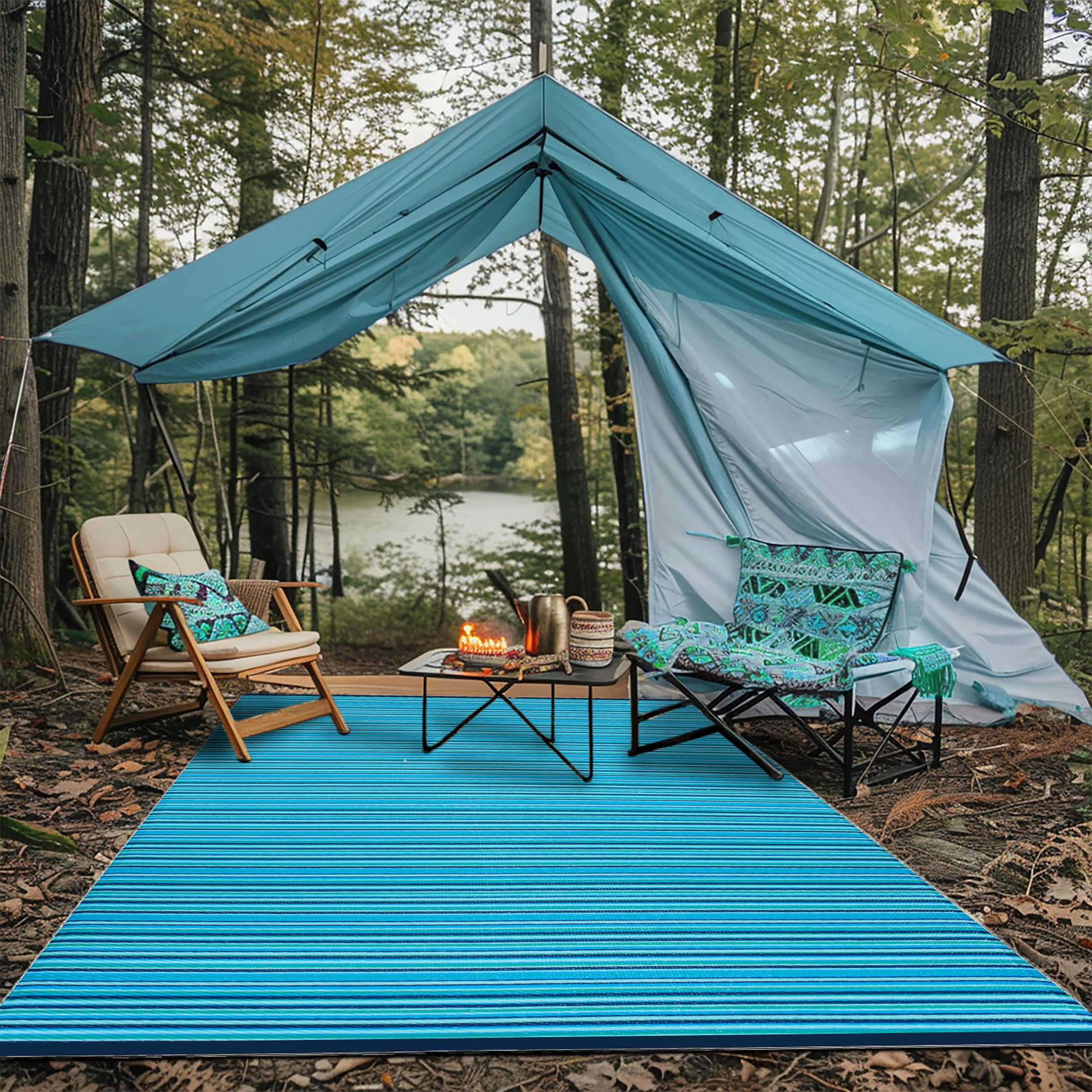 Green Decore Reversible Recycled Plastic Camping and Picnic Rugs | Perfect for Garden, Patio, Picnic, Decking | Stain And Water Resistant | Turquoise Blue Green 270 x 360 cm (Folded)