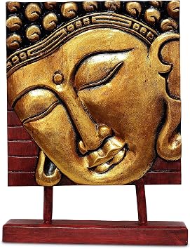 G6 Collection 15" Wooden Serene Buddha Head Plaque Statue Handmade Meditating Sculpture Figurine Decorative Home Decor Accent Handcrafted Traditional Modern Contemporary Oriental Buddha Plaque, Gold