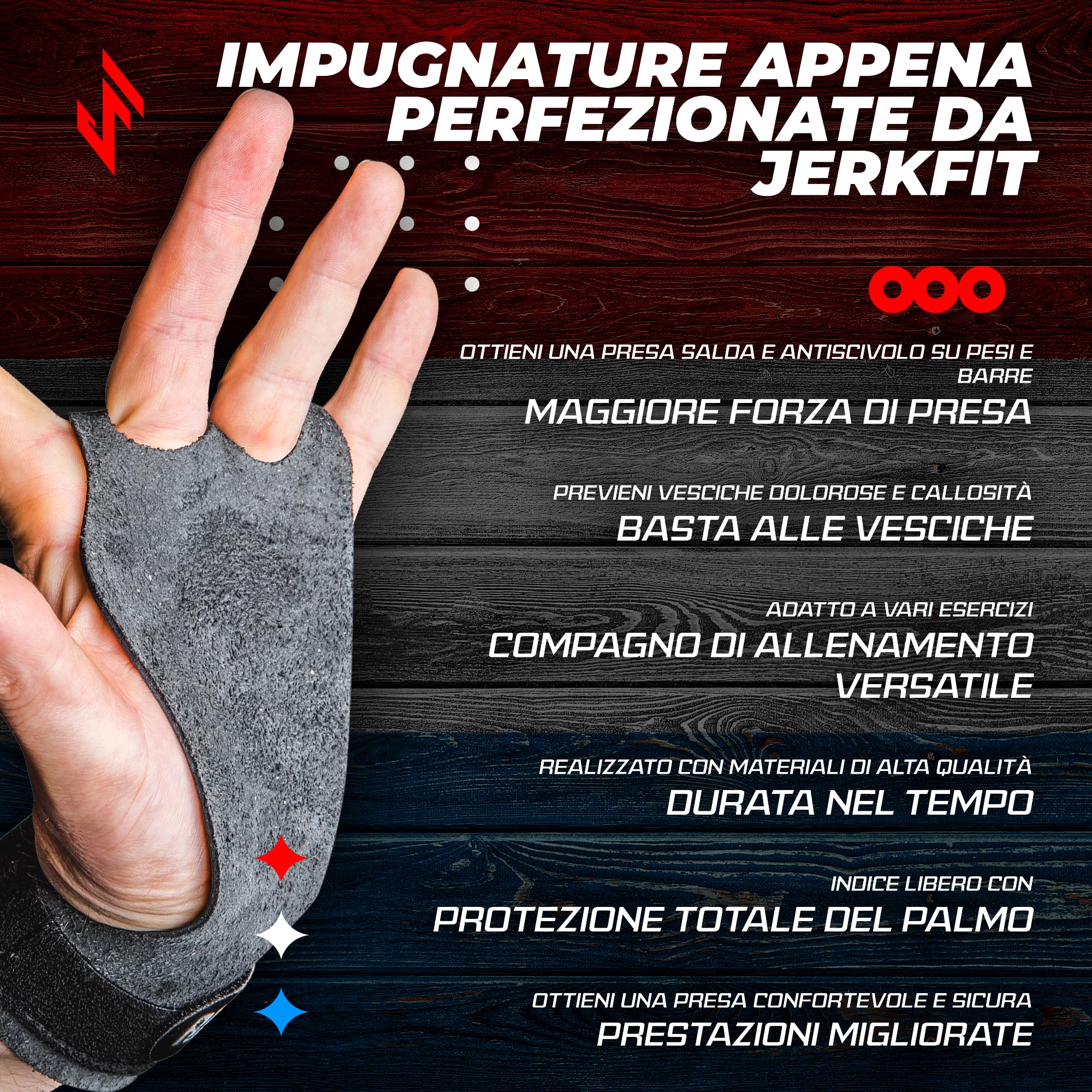 JerkFit Raw Grips 2 Dita in Pelle Ginnastica Protezione Palma