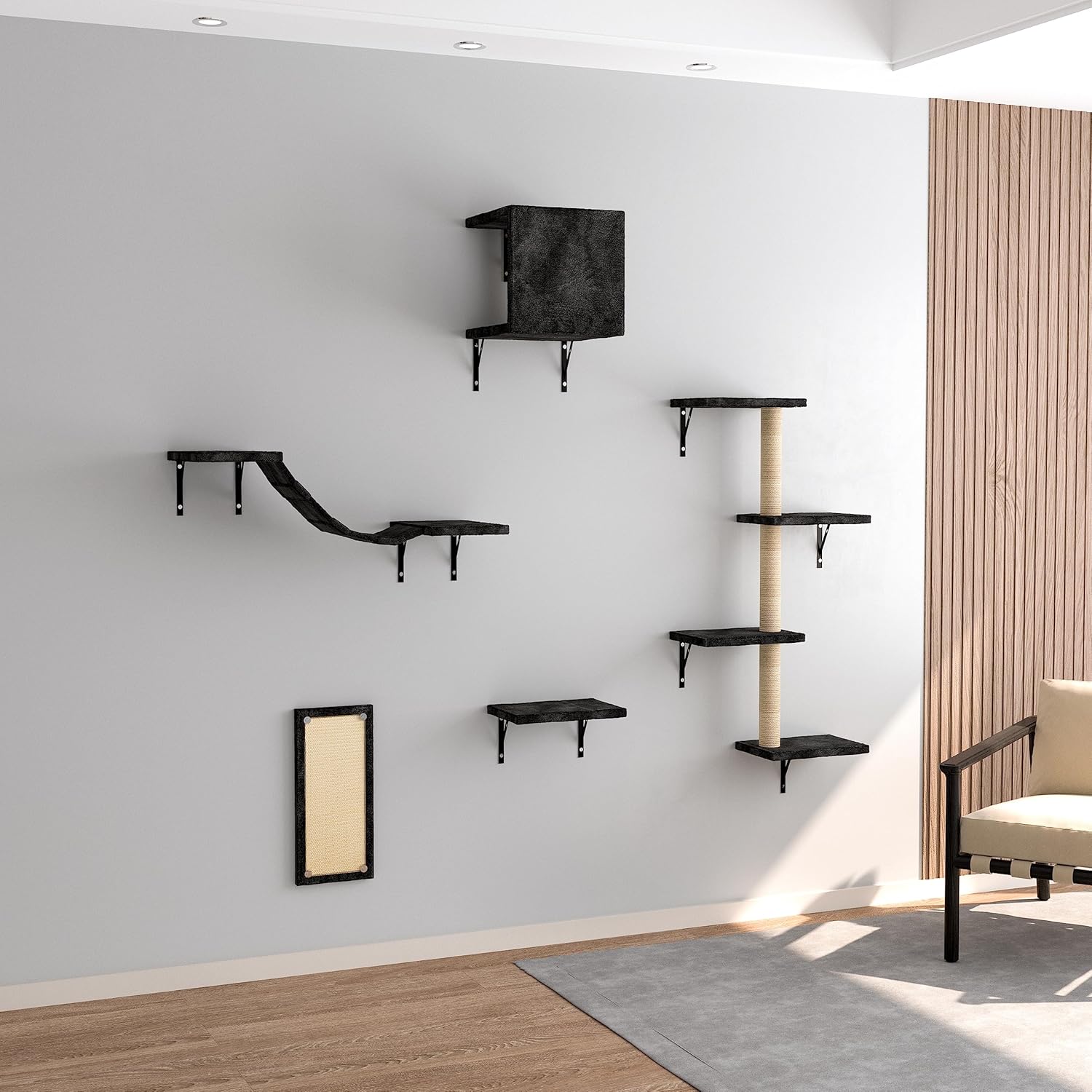 Cat Tree Wall Mounted Furniture DIY Set Climbing Shelves for Kitty Play & Relaxing - Includs Scratching Board, Connect Bridge, House and Scratching Posts, Beige Plush