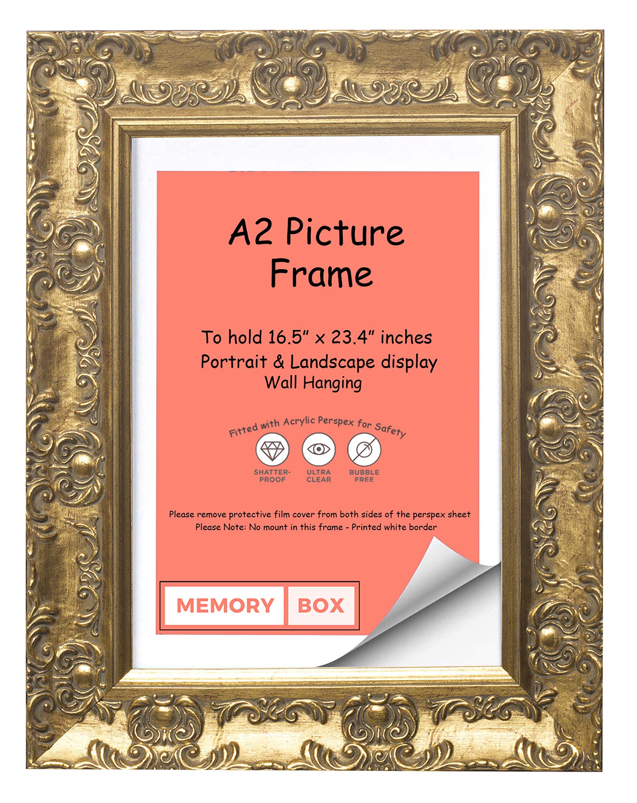 Memory Box WIDE Ornate Shabby Chic Antique swept MUSE Picture/Photo/Poster frame with Perspex Sheet - Moulding 58mm Wide and 28mm Deep - Gold Colour A2