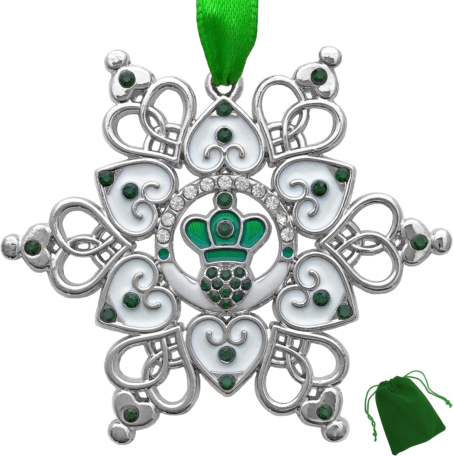 Irish Christmas Ornament - Claddagh - Irish Snowflake - Filigree Metal and Jewels - Gift-Storage Bag Included Measures 3" X 3"