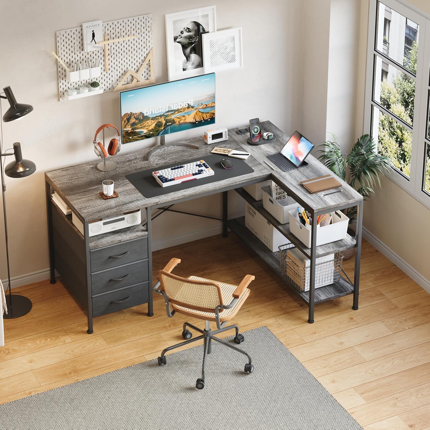 MUTUN L Shaped Computer Desk with 3 Drawers & Power Outlets, 47 Inch Corner Desk with Reversible Storage Shelves, PC Table for Home Office Bedroom (Grey, 47 Inch)