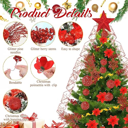 Miniatura 2 de Juego de 68 adornos para árbol de Navidad con purpurina inastillable, adornos de bola de árbol de Navidad, flores de nochebuena, cinta con alambre,