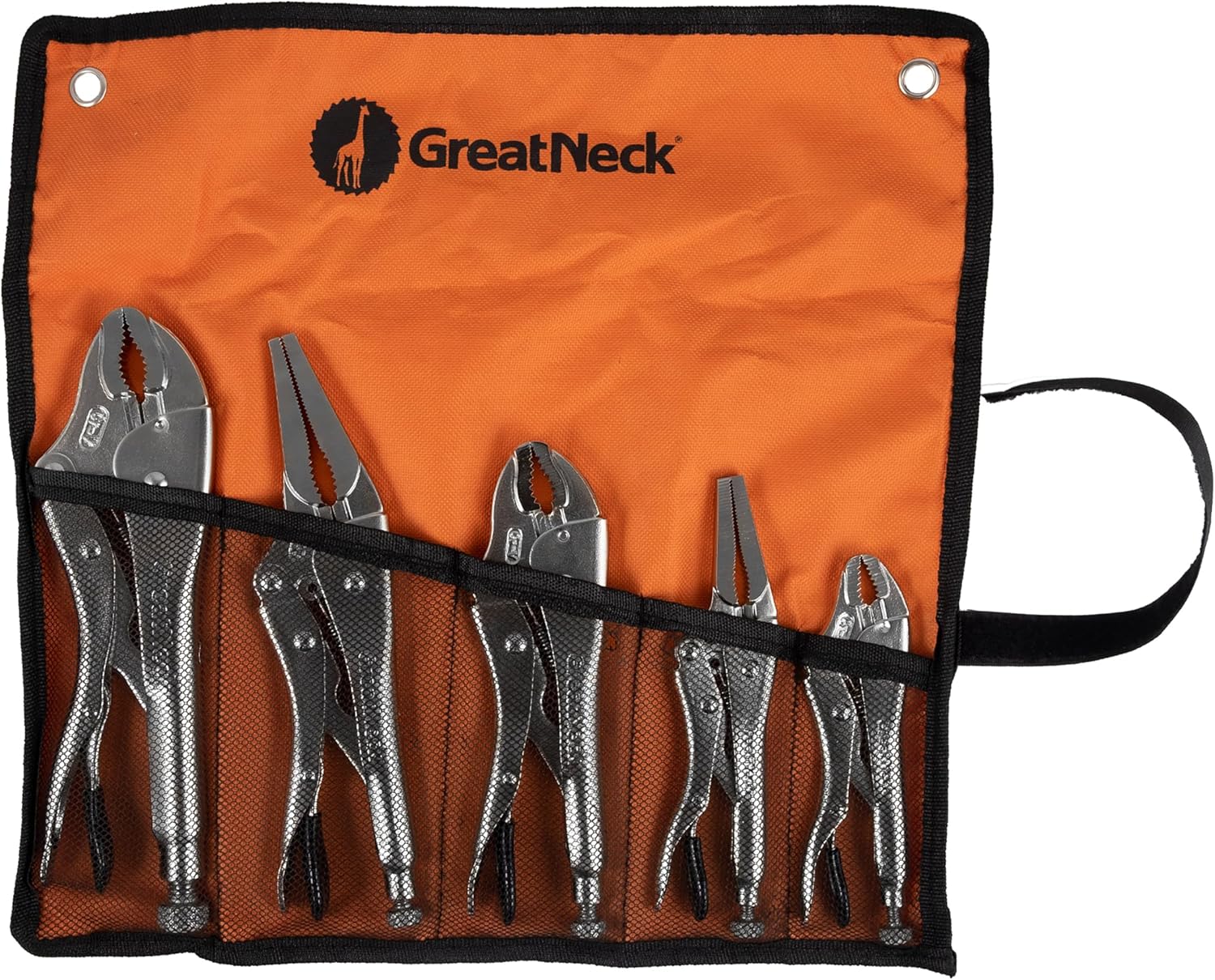 GreatNeck 74230 5-Piece Locking Plier Set – Curved & Long Nose Pliers with Plastisol Trigger Release, Diagonal Tooth Grip, Wire Cutter & Storage Pouch – Durable Alloy Steel Construction