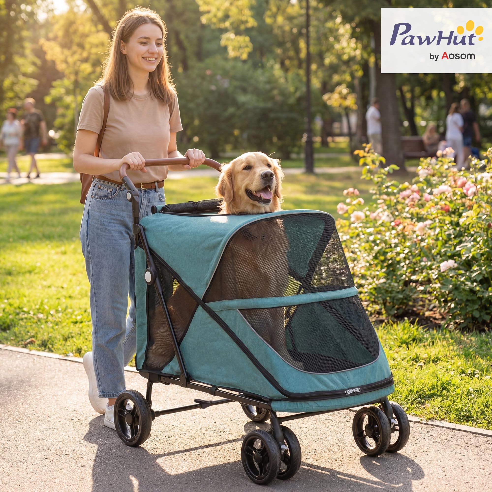 PawHut Carrito para Perros y Gatos Grande Plegable con un Botón hasta 30 kg, Cochecito para Perros Medianos y Grandes, Suspensión 4 Ruedas, Giratorio, Freno de Pie, Cojín Lavable, Turquesa