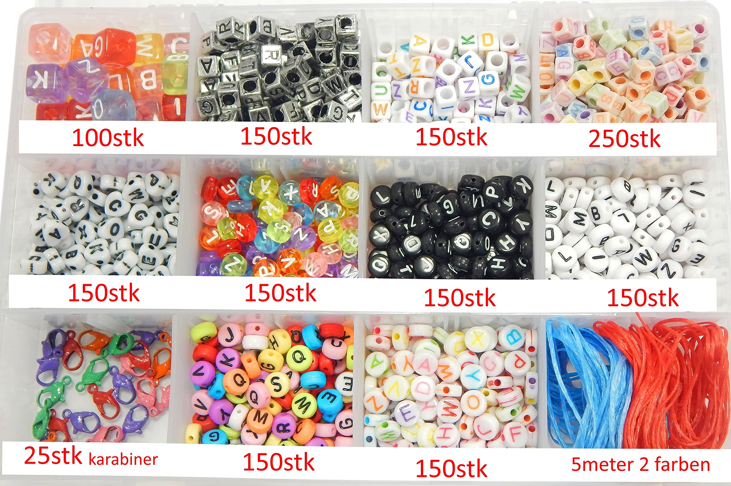 Perlin 1550 Stück Kinder Bastelset Buchstaben Perlen 10 Motiven mit Karabiner Verschluss, Wachsband und Sortierbox Plastikperlen Acrylperlen zum Auffädeln