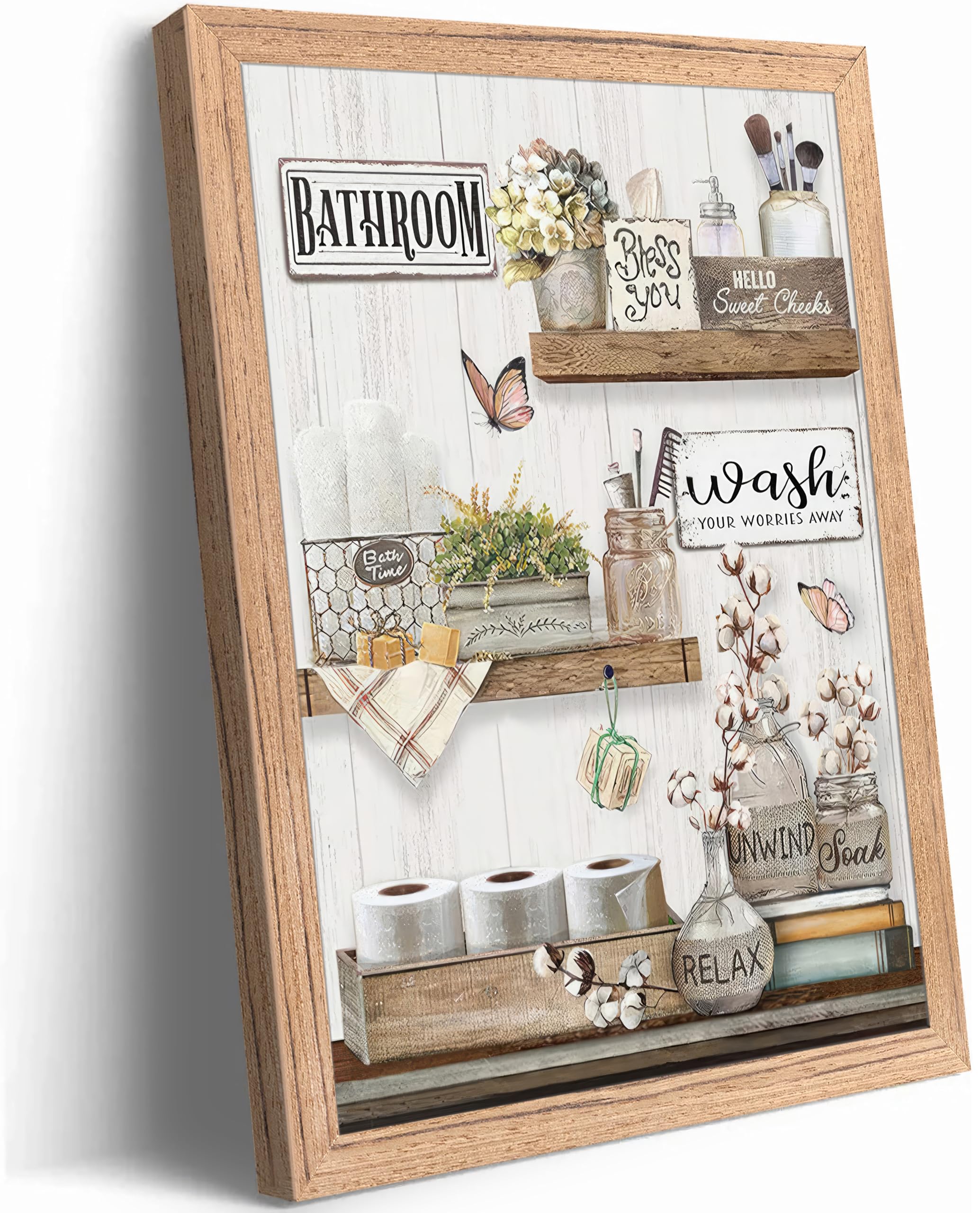 Framed Funny Bathroom Canvas Wall Art,Pink Daisy Floral Botanical Painting Picture Wall Decor,Minimalist Toilet Paper Flower Poster Print Artwork,for Restroom Toilet Home Decoration, — view 12