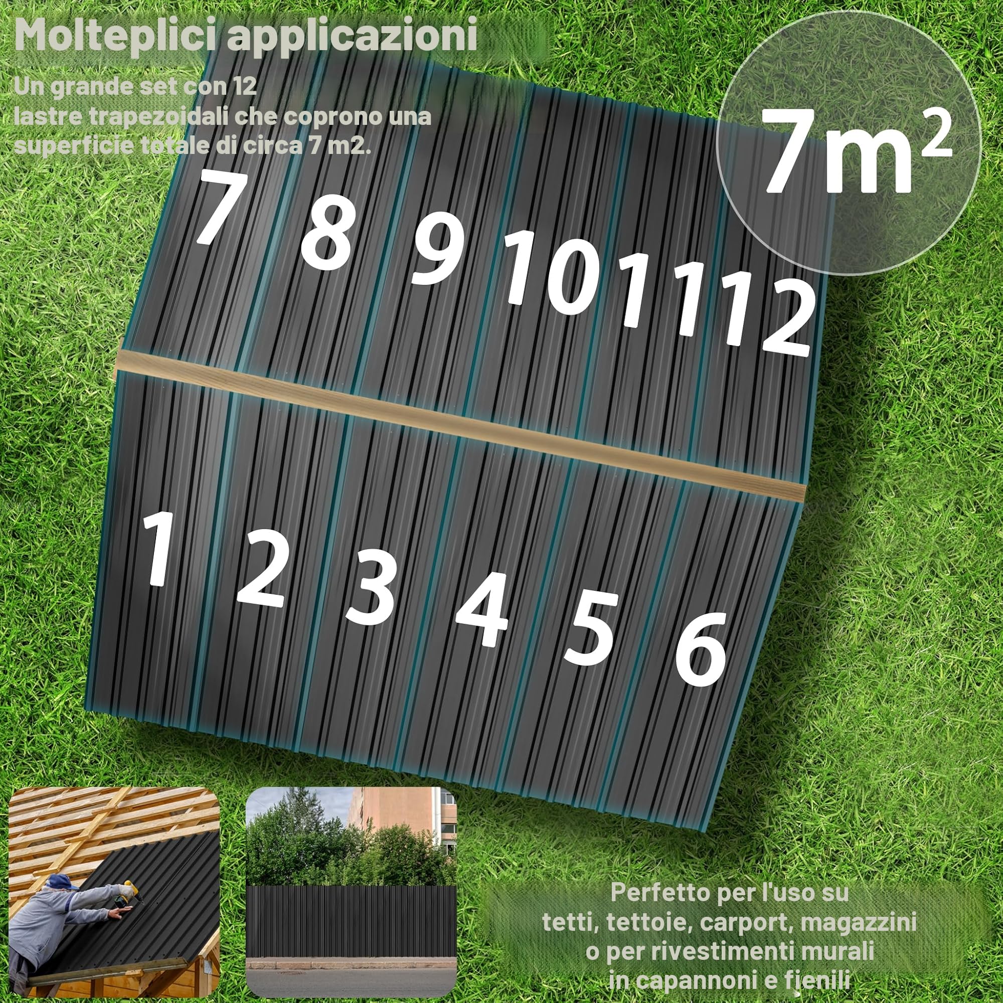 LARS360 Lamiere trapezoidali in acciaio zincato – Lamiere profilate e ondulate per tetto e parete, ideali per carport, casetta da giardino, capanno degli attrezzi (Nero, 12 pezzi)