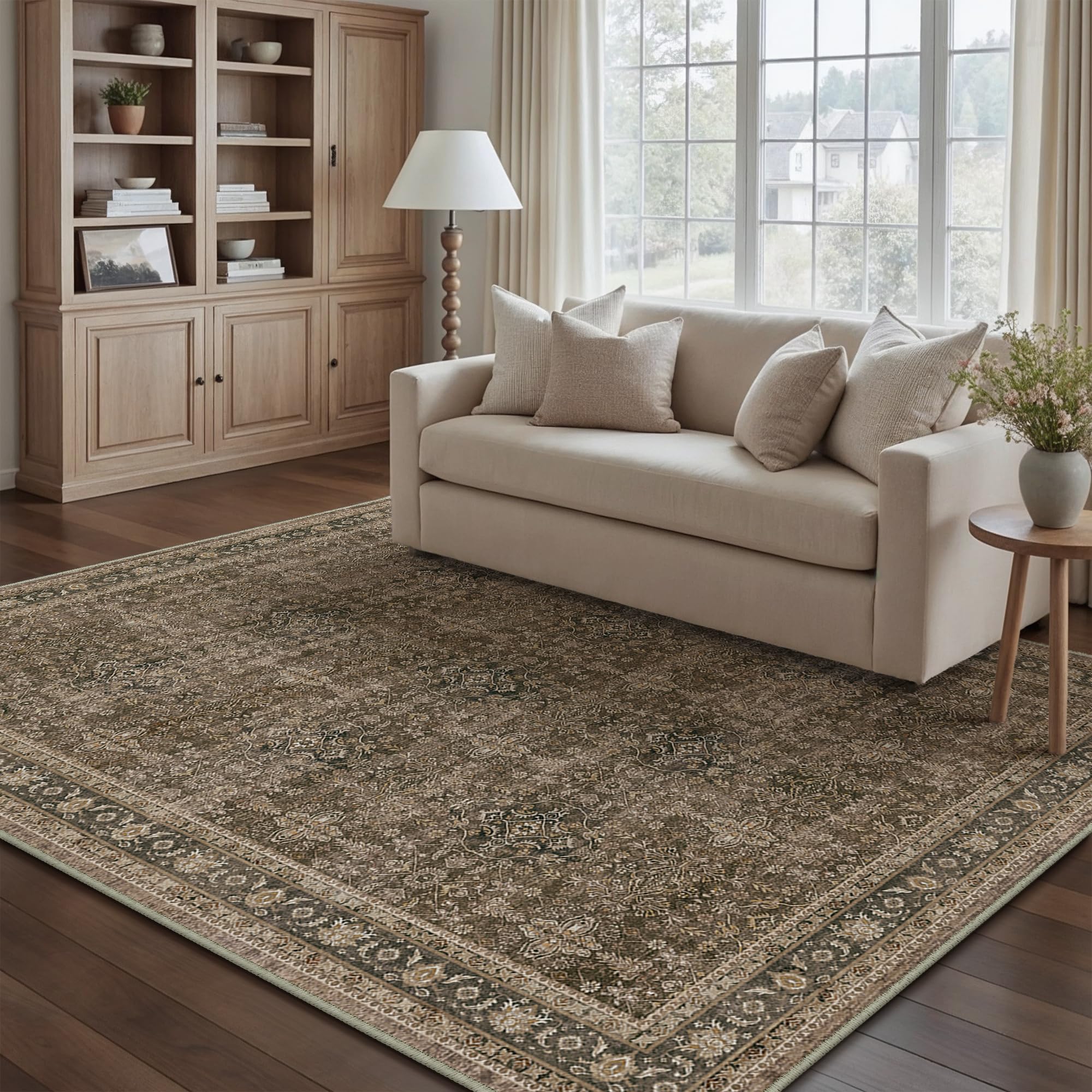 PureCozy Area Rug 5x7 Brown Washable Vintage Living Room Carpetb Traditional Distressed Bedroom Indoor Soft Non Slip Large Rug Retro Thin Low Pile Floor Cover for Office Dining Room