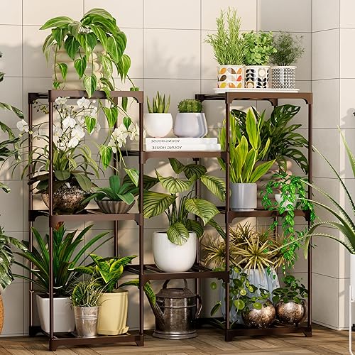 Miniatura 7 de Soporte para plantas de interiores y exteriores, estante para plantas, 3 niveles, 8 macetas, soporte grande de metal para múltiples plantas, soporte