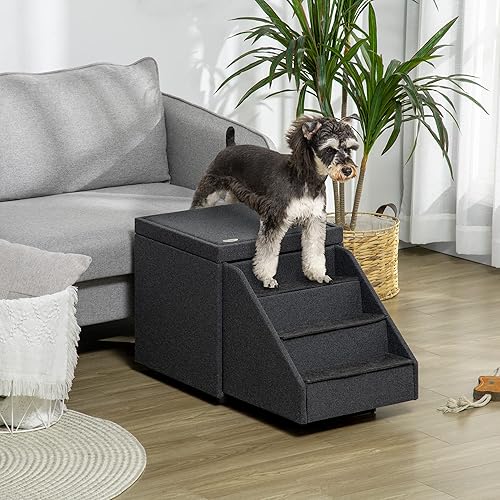 Miniatura 2 de PawHut Escalones 3 en 1 para gatos y perros para cama almacenamiento y reposapiés escaleras para gatos y perros pequeños y medianos otomanas de