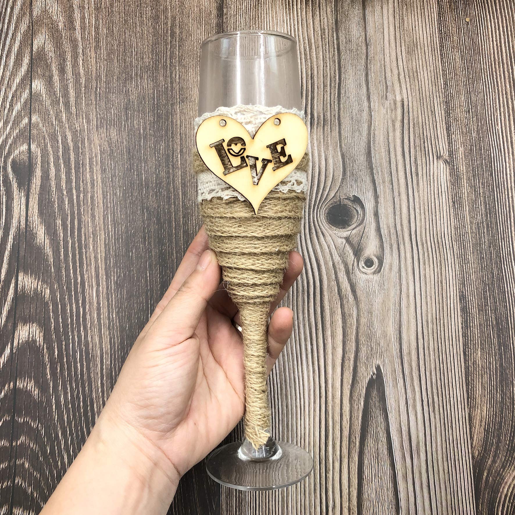 Abbie Home Bride and Groom Wedding Champagne Toasting Flute - Burlap Twine Wrapped Handle with Love Heart Rhinestone Decorated Glasses, Set of 2 (Flute Set)