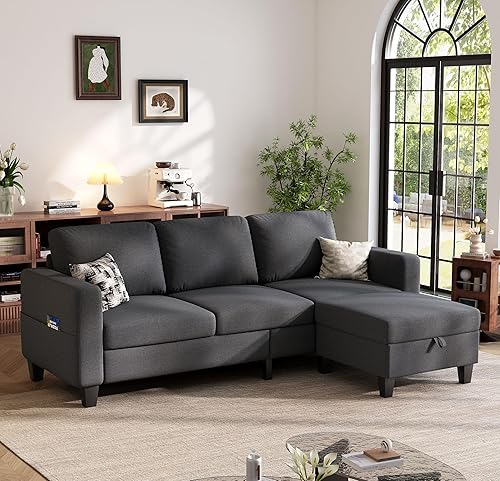 Sofá seccional y sofás para sala de estar, 78 pulgadas, color gris oscuro, 3 asientos, sofá en forma de L con otomana móvil, cómodos sofás