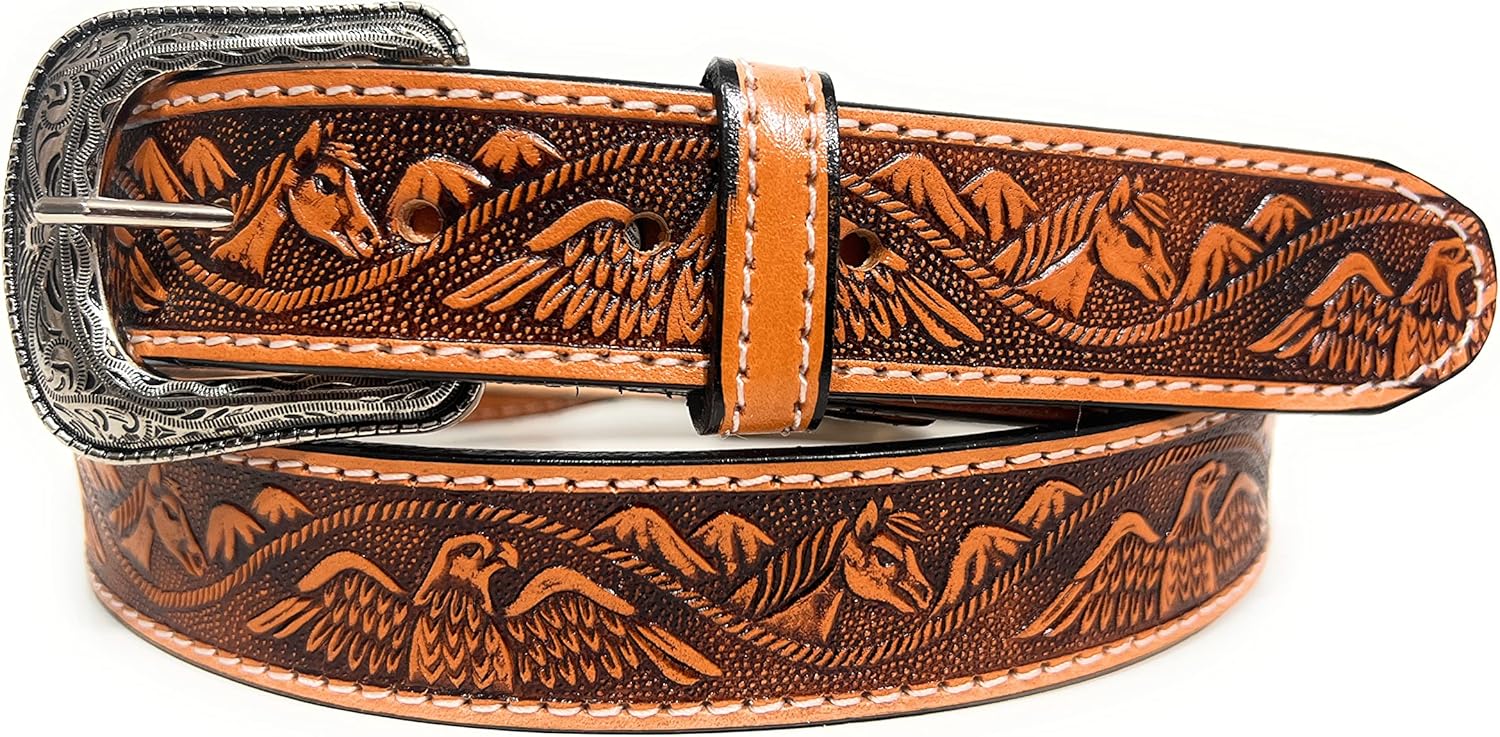Kids Baby Toddler Genuine Leather Western Belt, Eagle Decorated Cowboy Rodeo Kids Belt