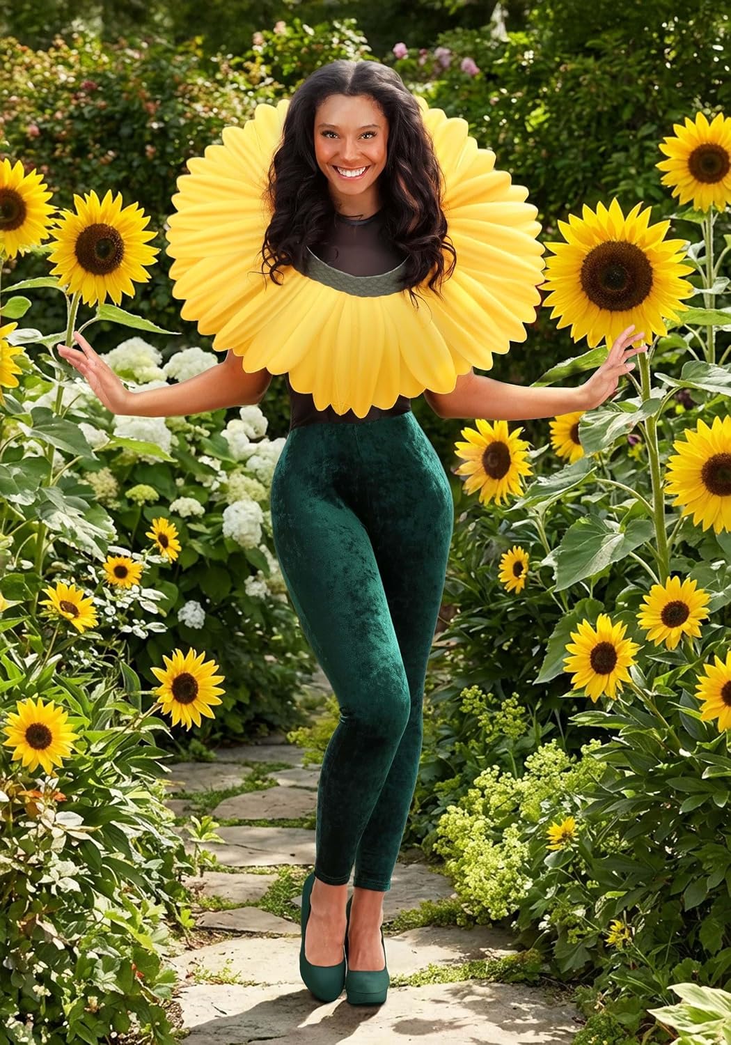 Women's Sunflower Costume | Bright Yellow Field Flower Jumpsuit w/Back Zipper & Collar Piece