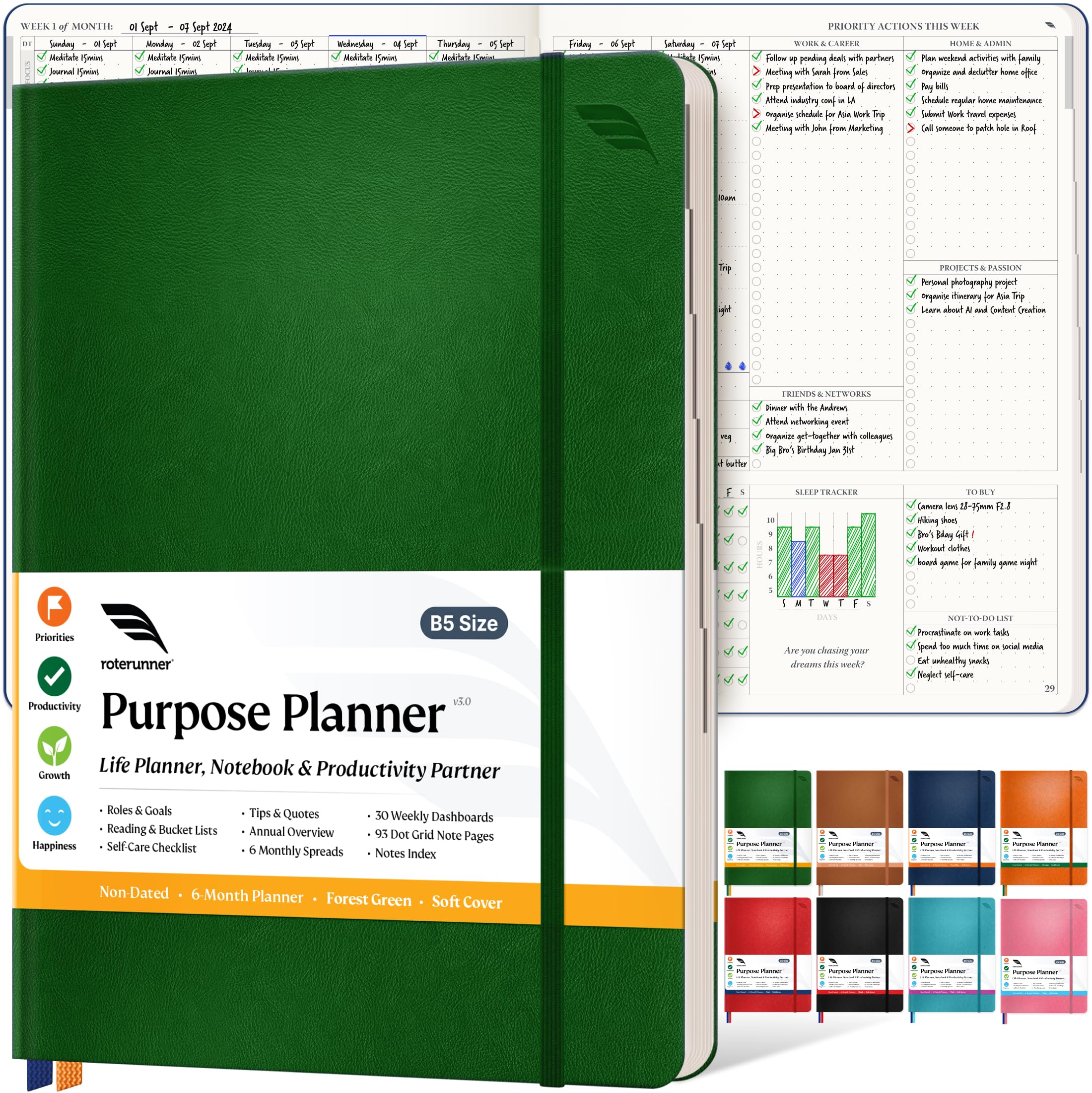 Purpose Planner B5 Undated Monthly Weekly Daily Productivity Journal 2024 Life Health Goal Setting Business Tool for Professionals Moms Academic Student Organizer Notebook (7.5”x9.8” Green Softcover)