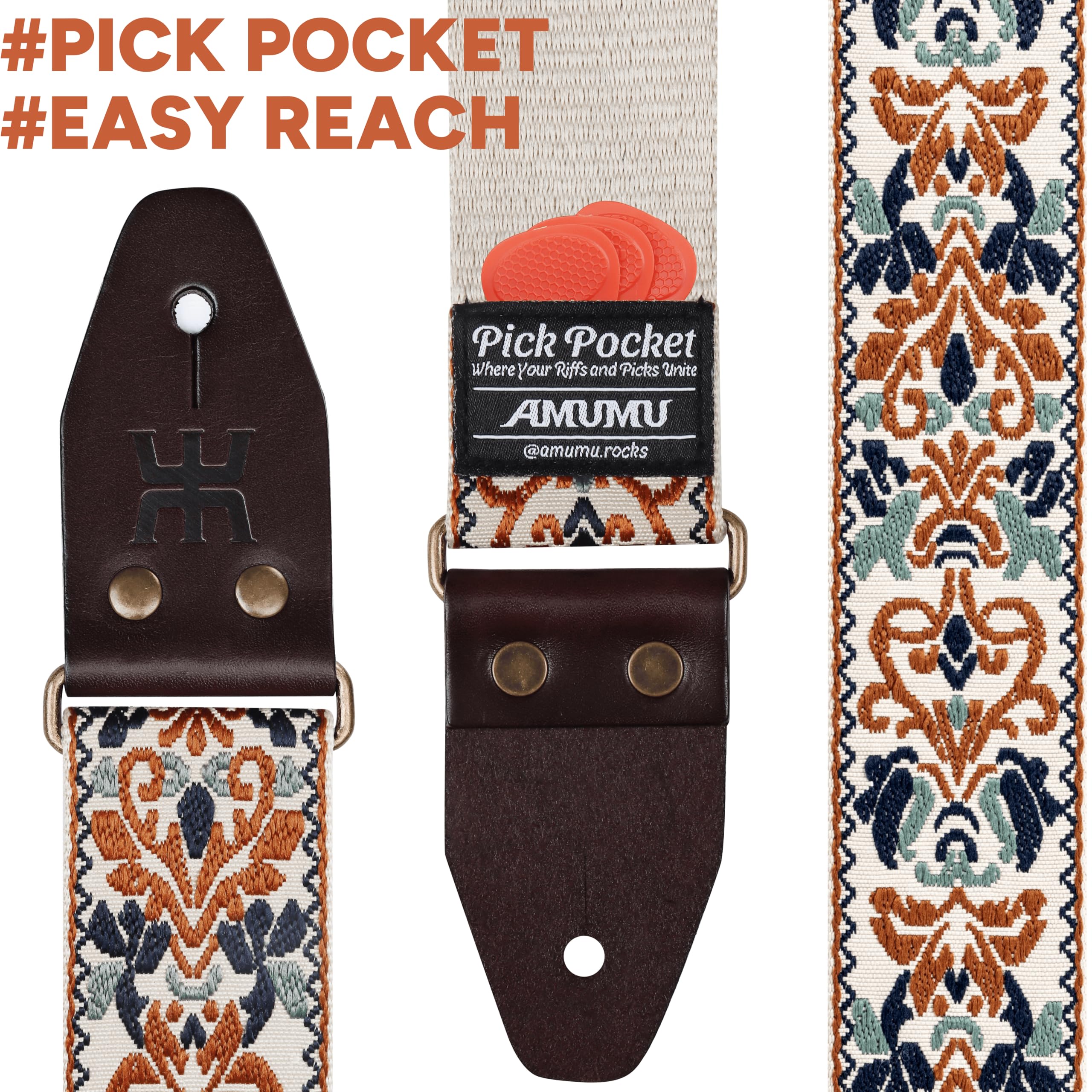 Amumu Retro Embroidered Guitar Strap for Acoustic Electric, and Bass Guitars - Image 4