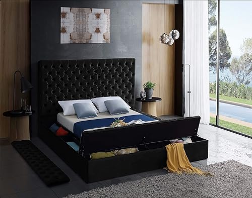 Miniatura 8 de Colección moderna Meridian Furniture Bliss, cama tapizada de terciopelo contemporánea con acolchonamiento de botón profundo y compartimentos de