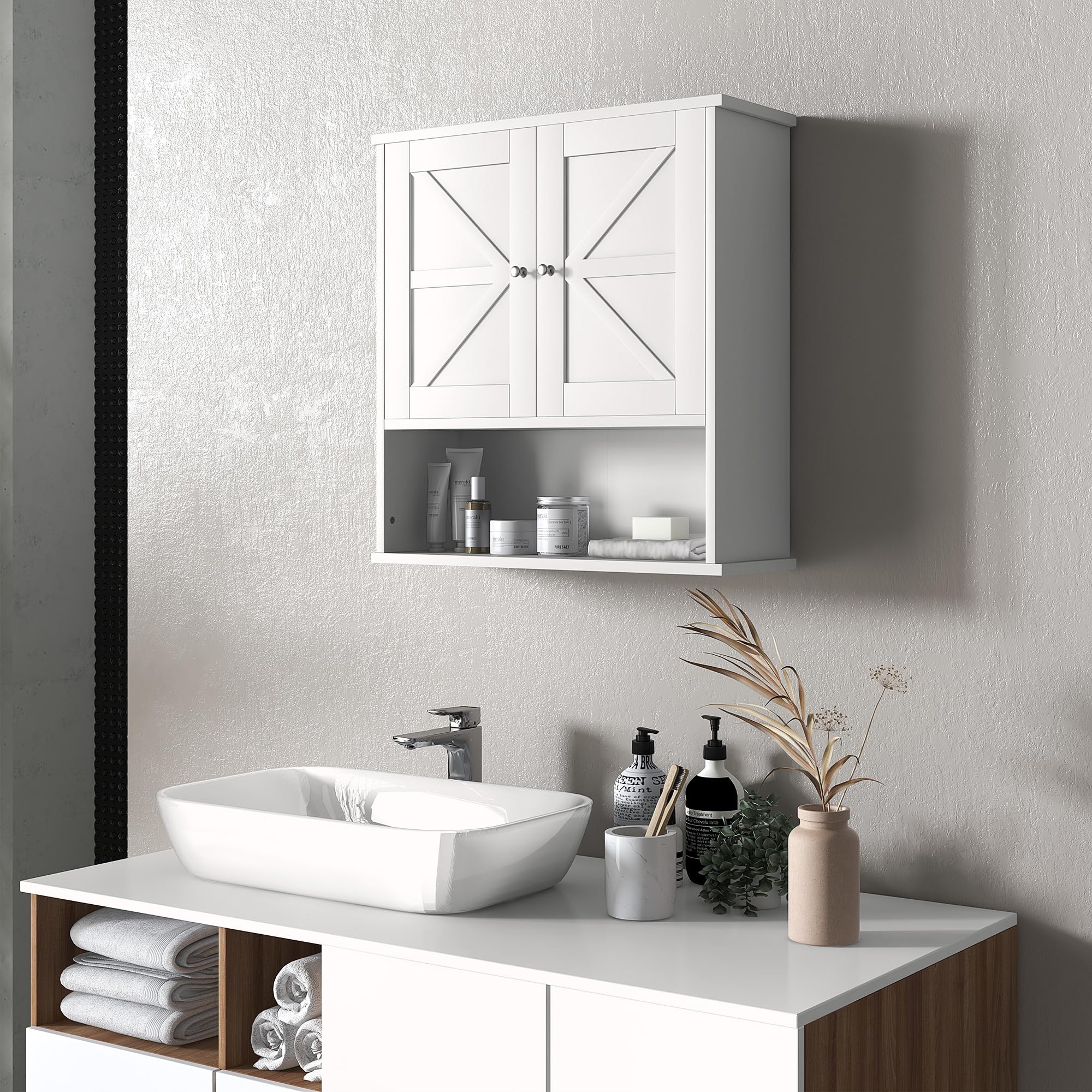 kleankin Armario de Baño de Pared, Mueble de Baño Colgar Rústico con Compartimento, Estante Ajustable, 2 Puertas, para Cocina, Lavadero, sobre el Inodoro, Blanco
