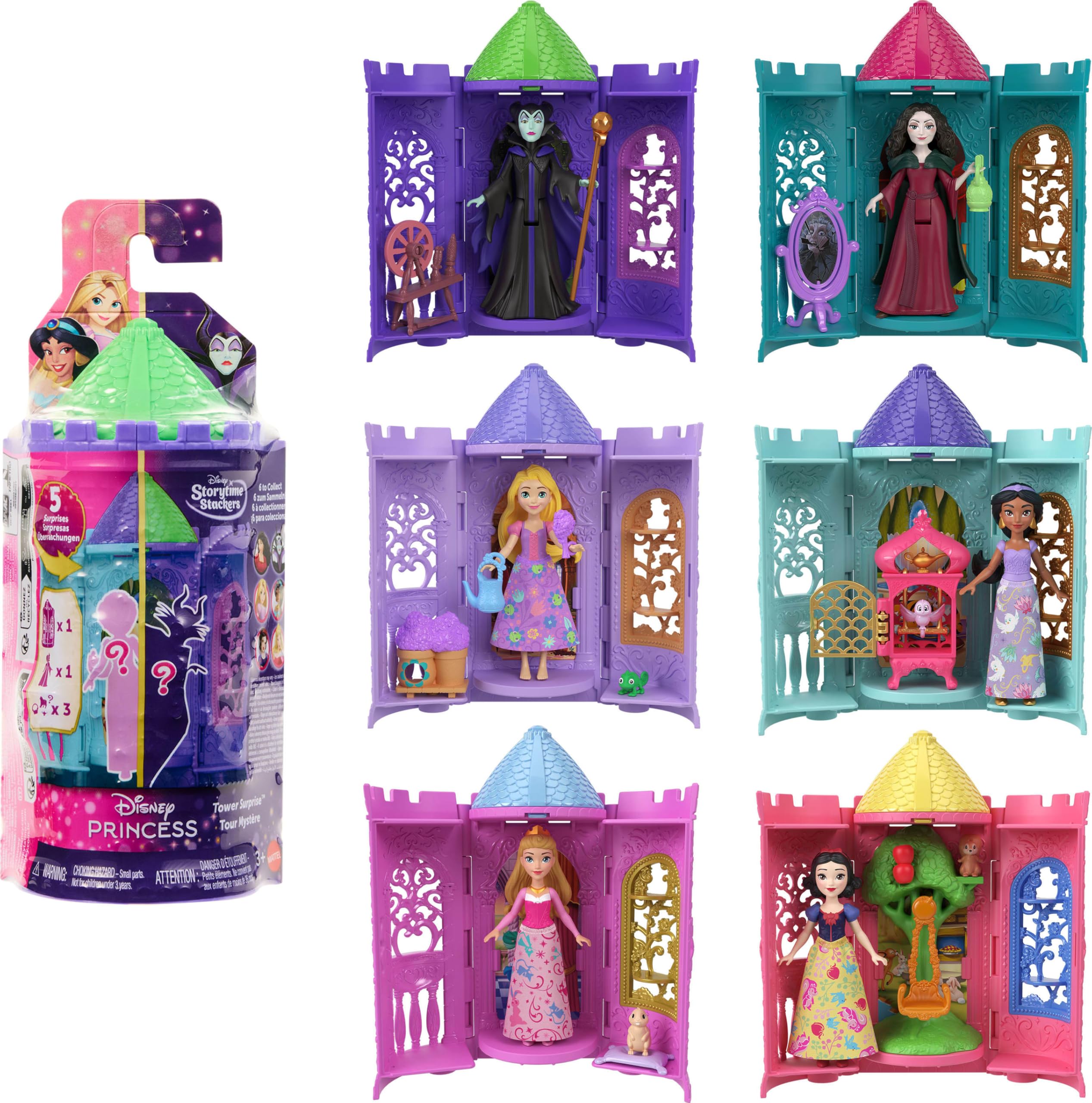 Mattel Disney Princess Tower Surprise Piccole bambole e accessori, impilabile Playset con 4 sorprese e amici di Disney Movies (gli stili possono variare)