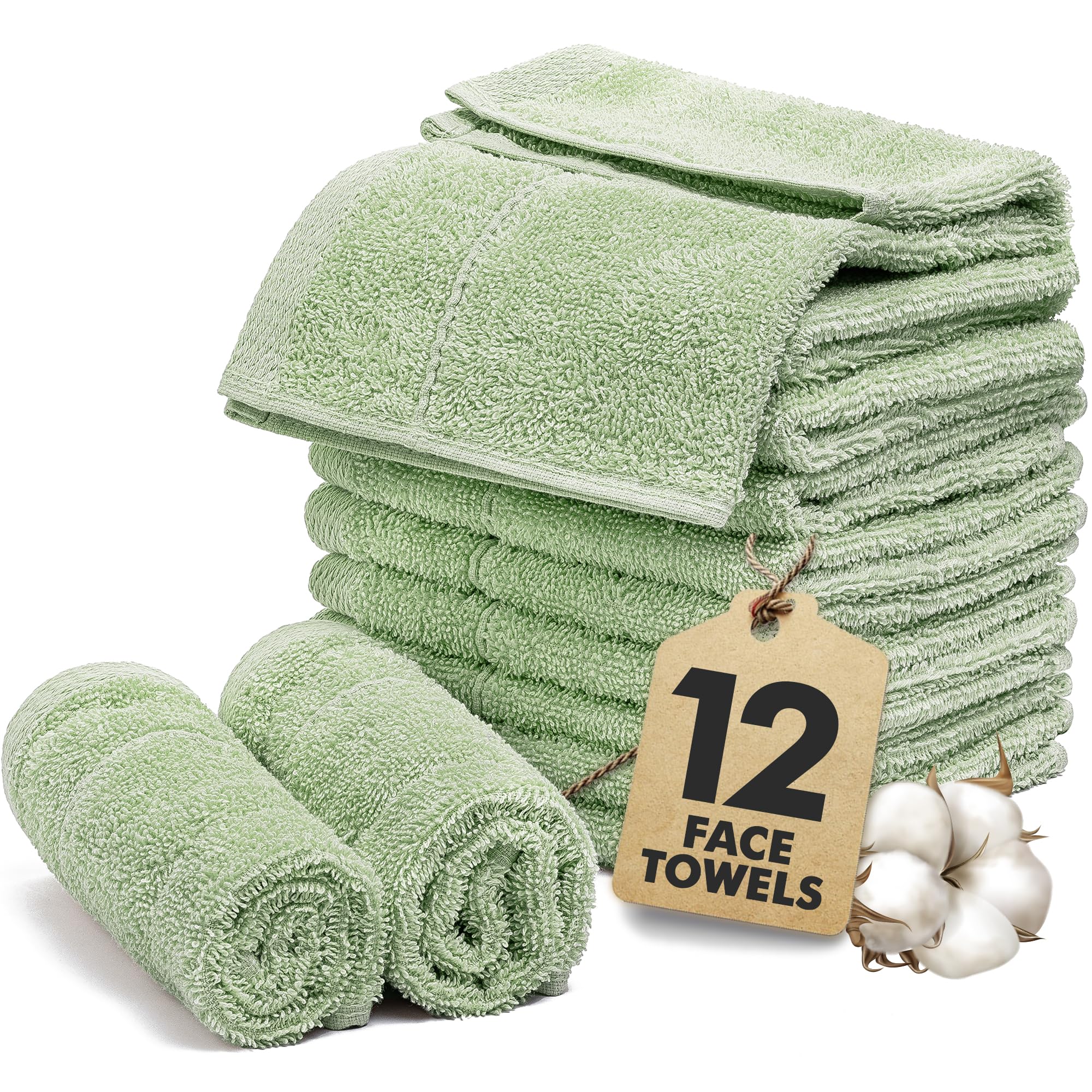 Novo Home Face Towels Pack of 12 – 550 GSM 100% Cotton Washcloths (30x30cm) – Soft, Quick Dry, Highly Absorbent Flannels for Bathroom, Spa, Gym – Light Green