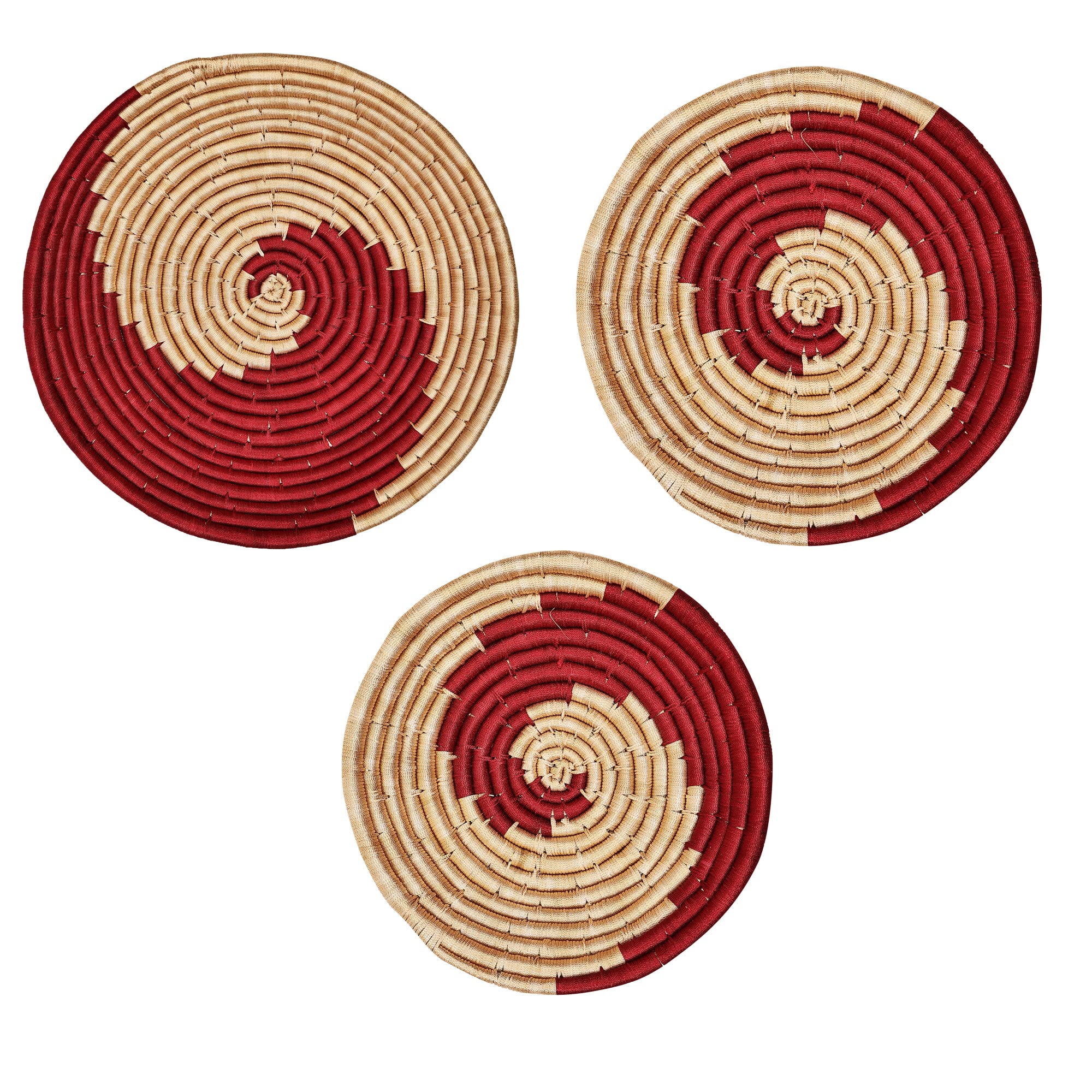 LOKAKRITI Store Handcrafted Sabai Grass Plate Wall Décor Eco-Friendly Home Decor Handcrafted Decoration Bohemian Style Living Room, Set of 3 - Red
