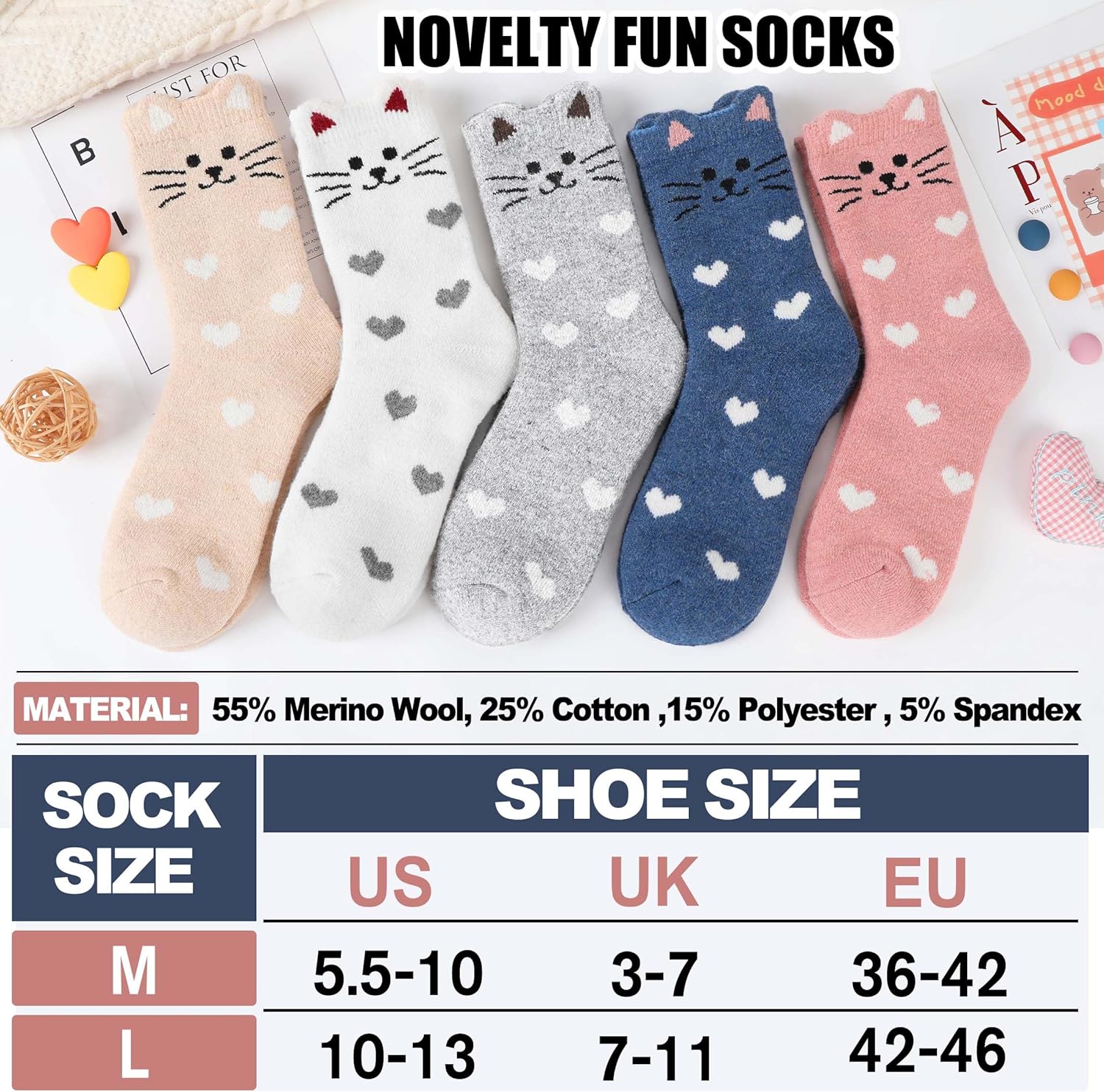 EBMORE Merino Wool Cat Socks for Women Thermal Winter Warm Thick Cute Fun Cozy Crew Socks 5 Pairs - Image 5