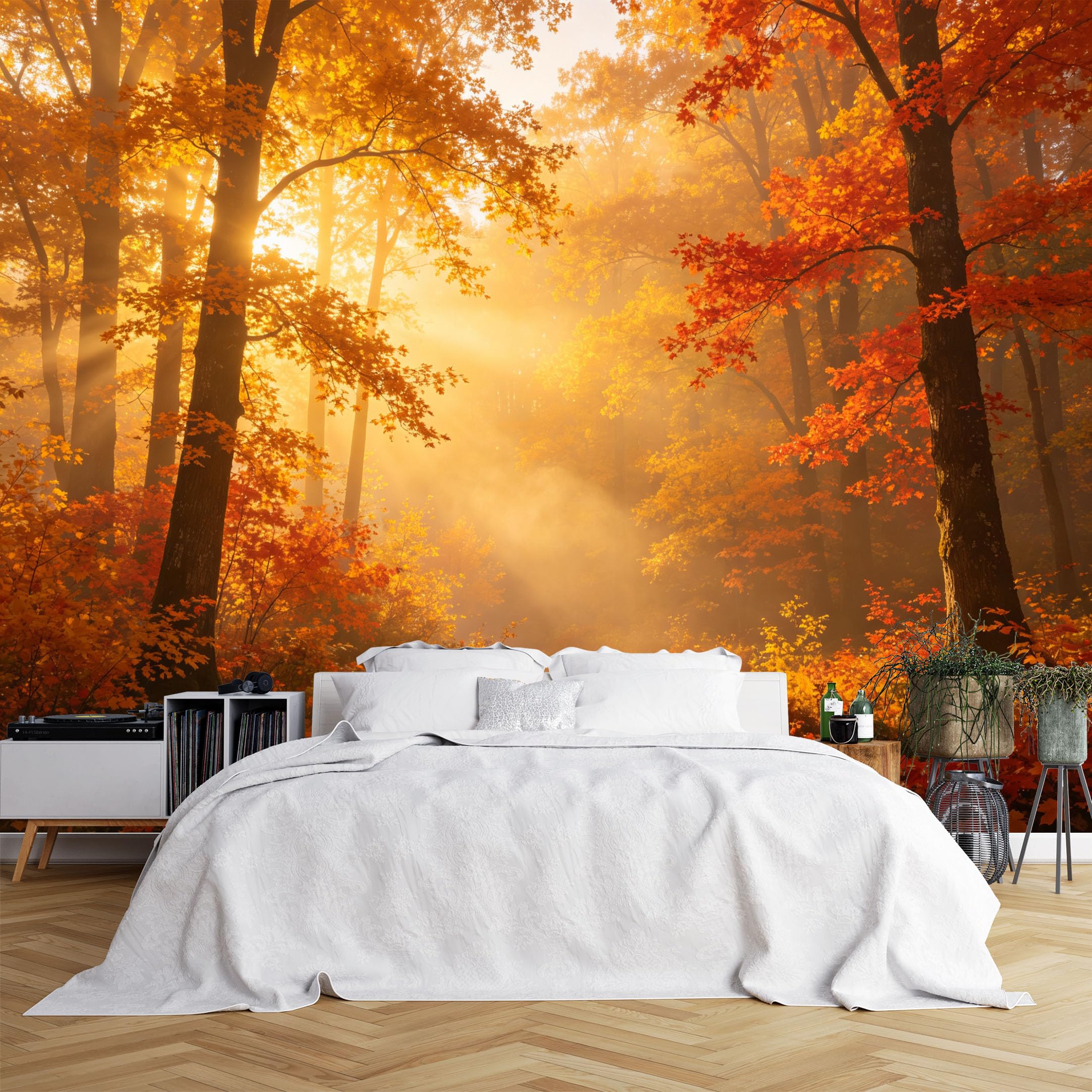 Custom Size Wall Murals Golden Sunlit Autumn Forest Path Wallpaper, Full Wall Self-Adhesive Removable Wallpaper for Living Room, Bedroom