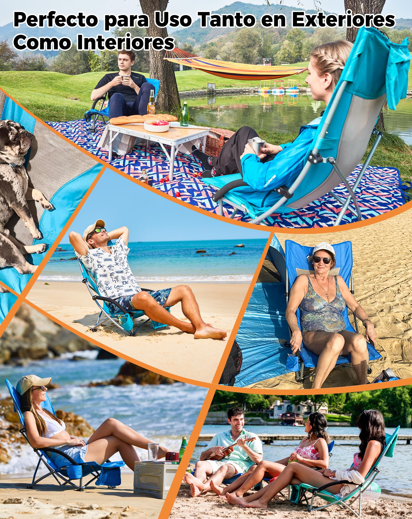 KingCamp Silla de Playa Baja Plegable Ligera Capacidad 180kg Silla Picnic Estabilidad Doble Tubo Silla Portátil para Conciertos Asiento Ancho y Bolsillo Cian