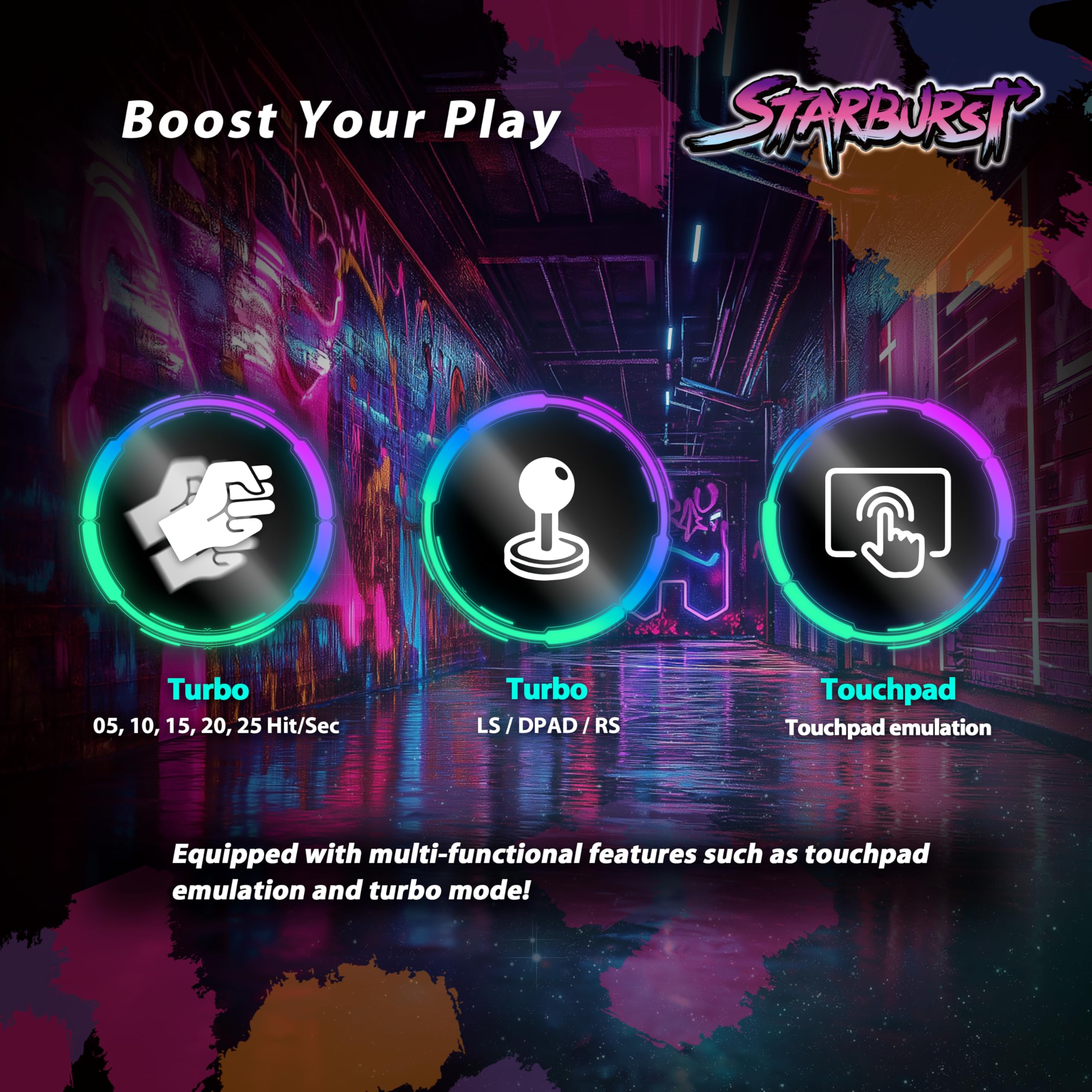 Brook Fighter Starburst - Controller arcade a tutti i pulsanti per PS5, PS4, Xbox Series X|S, NS e NS2, PC, interruttori sostituibili a caldo, illuminazione RGB, angoli regolabili, prestazioni di