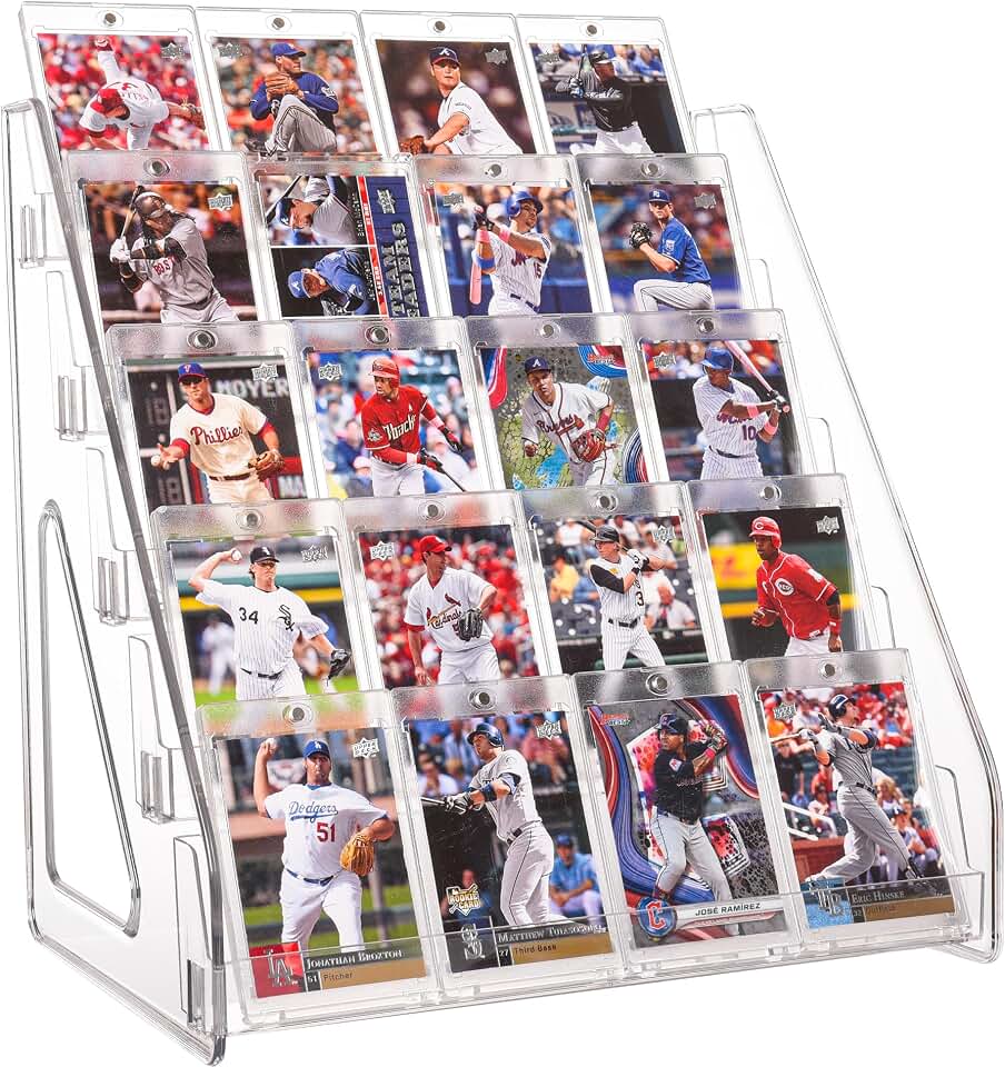 CELSOL Elevated 5 Tier Clear Acrylic Card Display Stand for Trading Cards, Sports Cards, Greeting Cards, Stickers – Slanted Holder for PSA Slabs, Vendors, Collectors &amp; Retail (5 Tier 1 Pack)