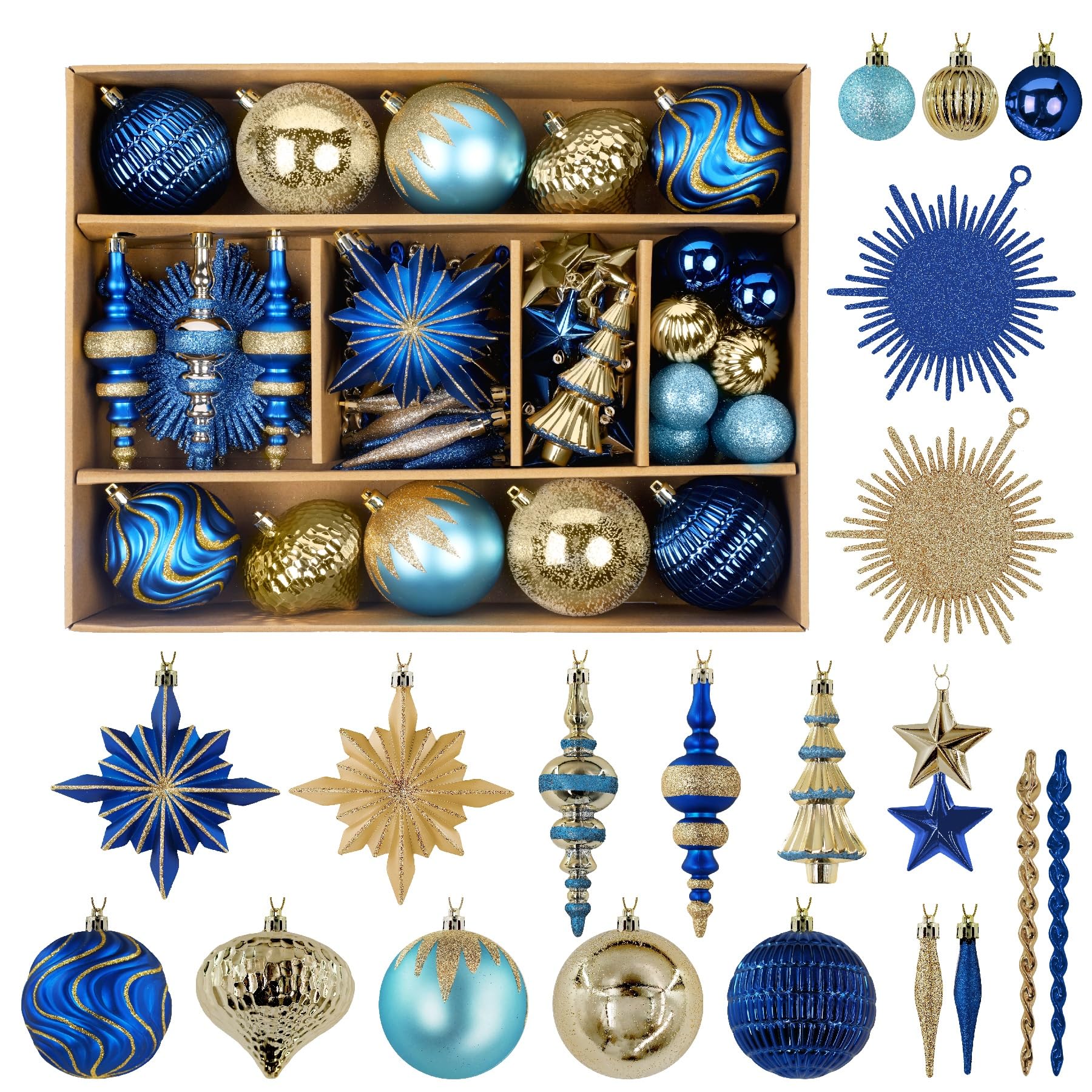 SHareconn Bolas de Navidad, 80 Unidades, 4-12,5 cm, Bolas Doradas de plástico irrompible para Adornos para árboles de Navidad, Decoraciones para Fiestas, con cordón para Colgar, Azul Dorado