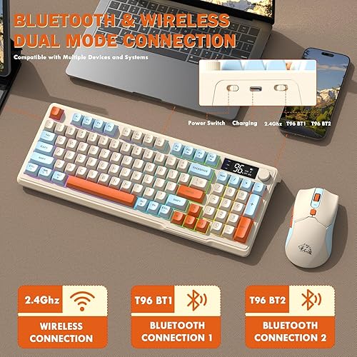 Miniatura 3 de ZIYOU LANG T96 Combo de teclado y mouse inalámbricos para juegos, doble Bluetooth2.4G RGB retroiluminado con sensación mecánica con pantalla