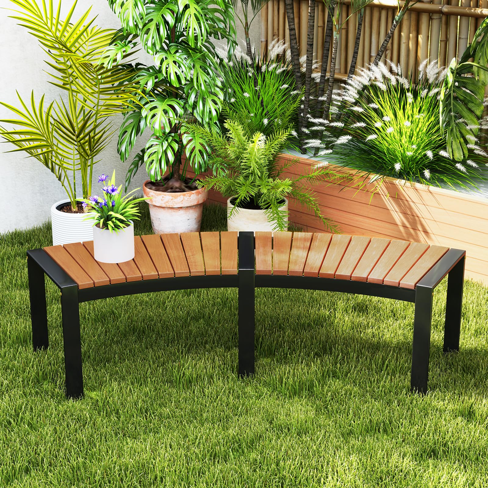 GOPLUS Gartenbank Holz, 2-3 Sitzer Holzbank wetterfest, Sitzbank Outdoor, gebogen, Parkbank ohne Rücklehne, bis zu 360kg belastbar, Bank Garten Terrasse Balkon (Natur,2)