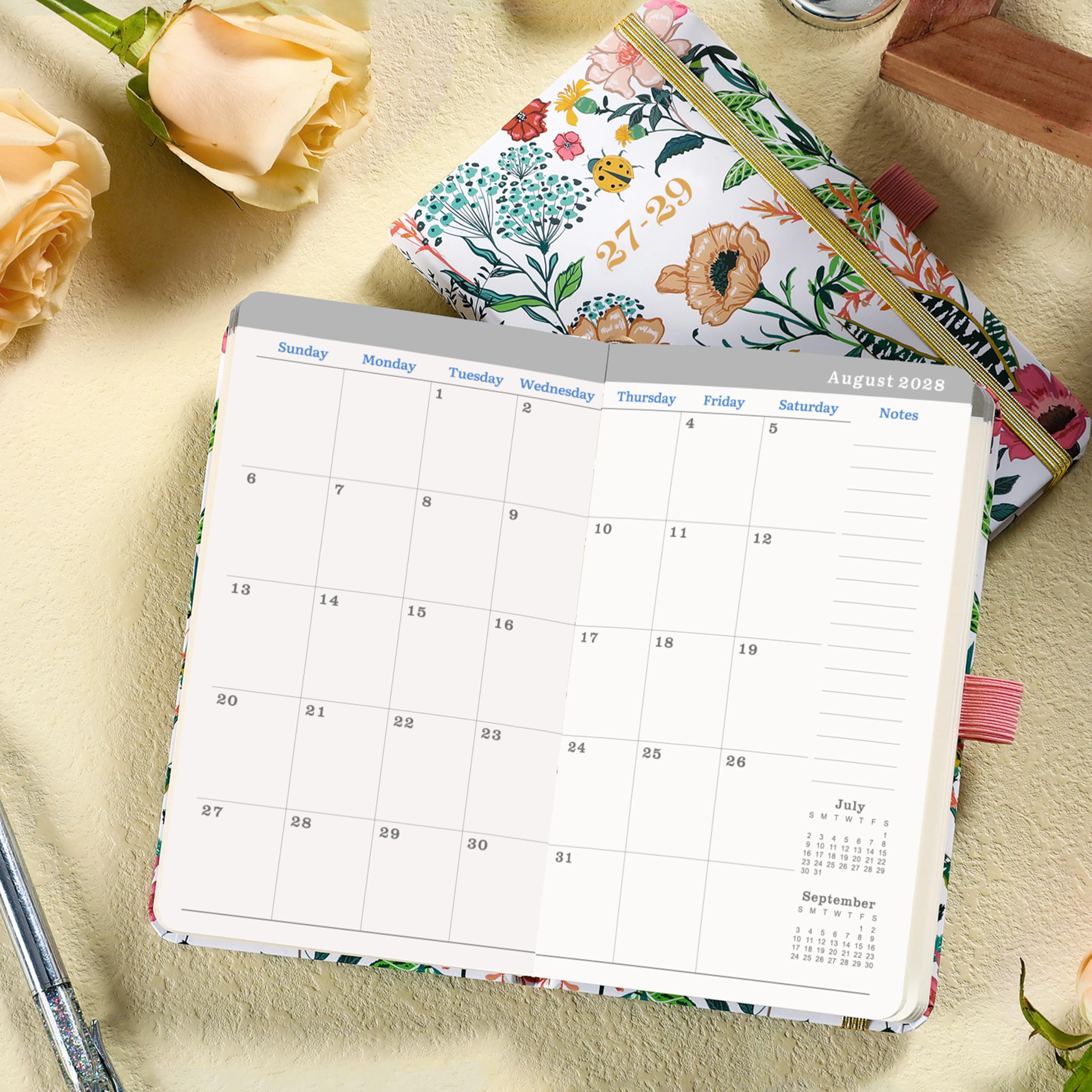 Taschenkalender 2027-2029, Januar 2027 - Dez. 2029, 3-Jahres-Monatsplaner 2027-2029, 9,7 x 16 cm, Klein/Geldbörsenplaner 36 Monate mit Stifthalter, Innentasche, Gummibandverschluss und 61 Notizseiten