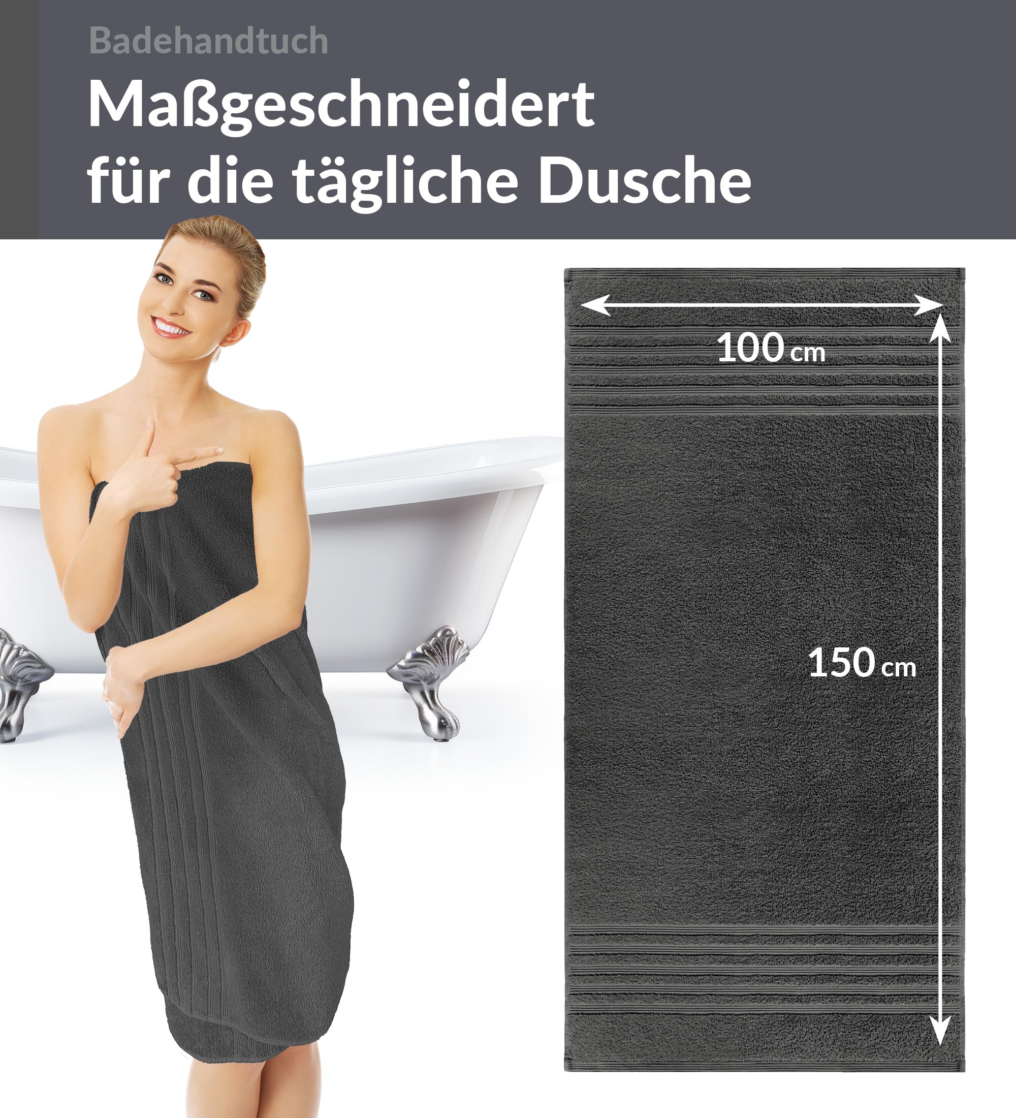 Lashuma Handtuch Set Grau 100x150 cm, London 2 Stück XXL Badetücher extra groß