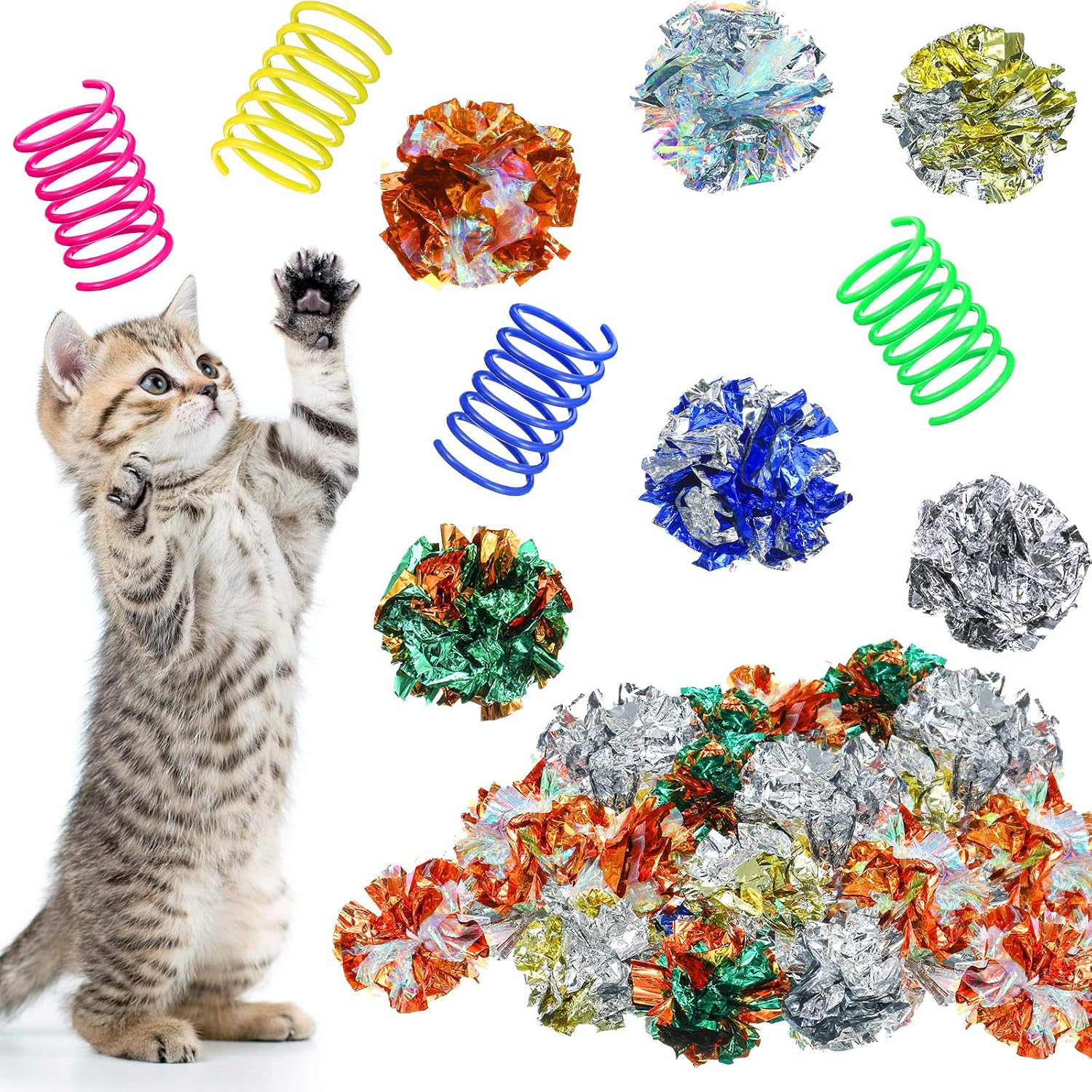 Skylety 40 Pieces Crinkle Balls Cat Toys Pet Wide Plastic Colorful Springs Mylar Crinkle Balls Colorful Crinkle Cat Toys Balls with…
