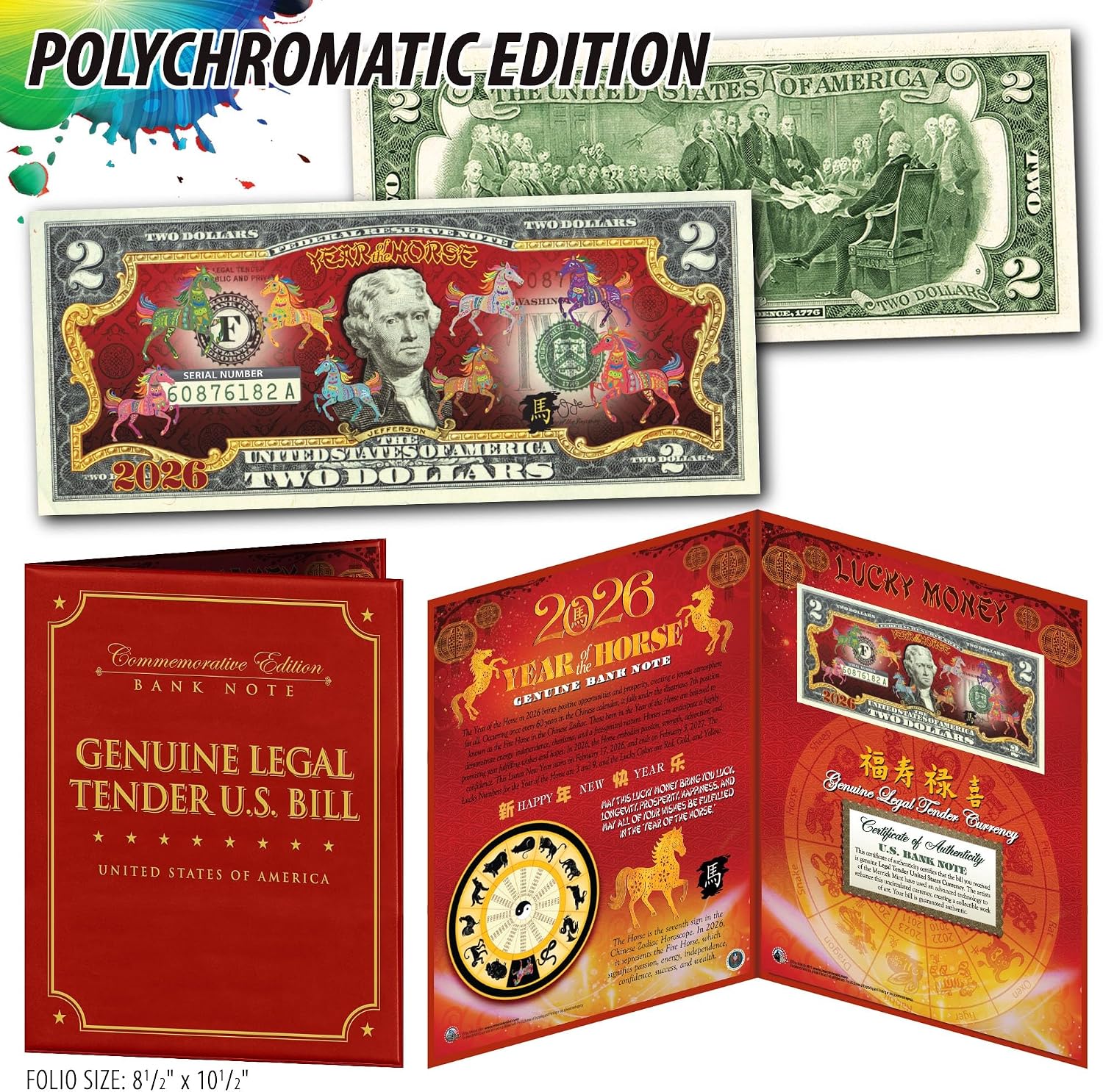 2026 Chinese Lunar New Year of The Horse Polychromatic 8 Colorized Horses Uncirculated Two Dollar Bill Special Edition in Collectible 8x10 Large Display Folio image 3