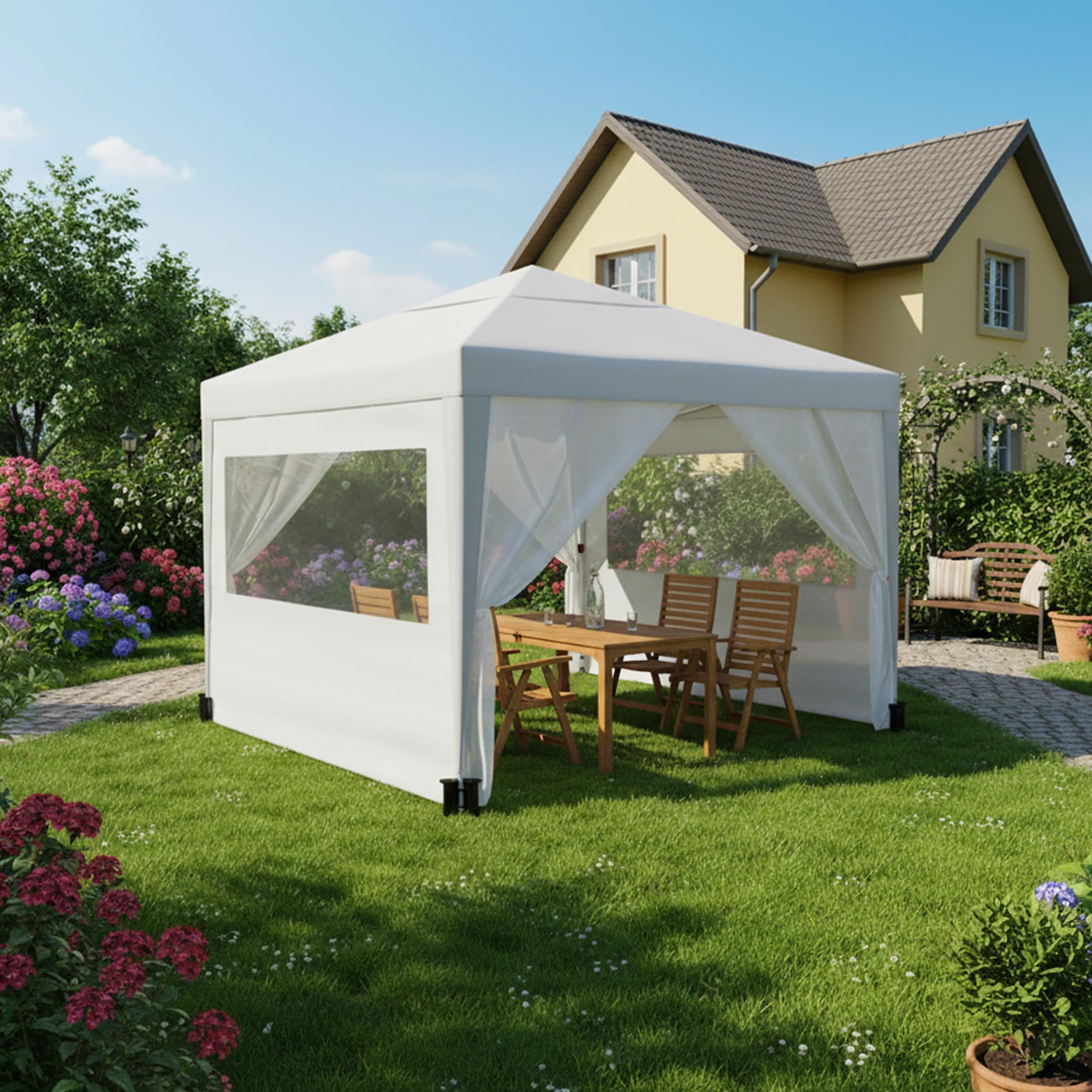 Wasabi - Tonnelle Pliable 3 x 3 m - 4 parois latérales - 4 Sacs de Sable, piquets et Cordes de Fixation - Sac de Transport - Pergola en Nylon - Tonnelle pour Jardin extérieur, Camping, fêtes