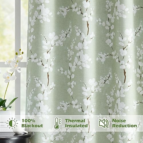 Miniatura 2 de FMFUNCTEX Cortinas florales 100% opacas para dormitorio, cortinas verde salvia de 96 pulgadas de largo, patrón de flores para sala de estar,