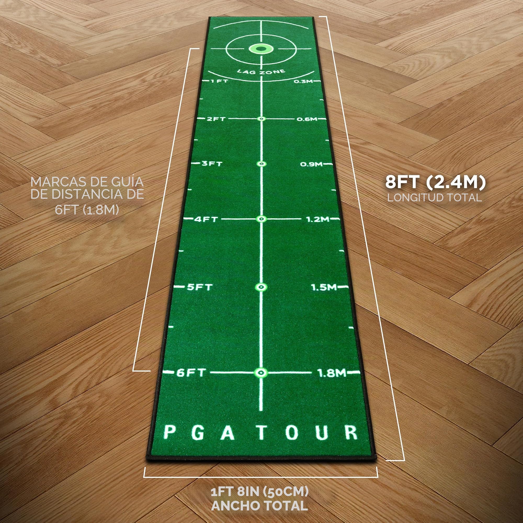 PGA Tour Alfombrilla de golf de lujo de 8 pies para golf de interior, alfombrilla de golf con directrices de entrenamiento, objetivo de agujero de tamaño completo, área de putt de 6 pies, verde, bolsa