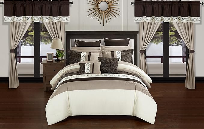 Chic Home Idit Comforter Set Color Block Embroidered Design Complete Bag Sheets Bed Skirt Decorative Pillows Shams Window Treatments Curtains Included, King, Beige