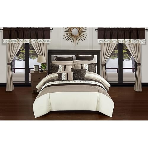 Chic Home Idit Comforter Set Color Block Embroidered Design Complete Bag Sheets Bed Skirt Decorative Pillows Shams Window Treatments Curtains Included, Queen, Beige