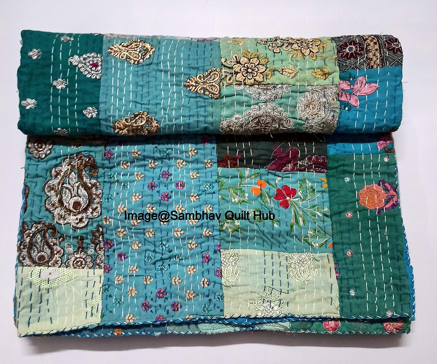 Turquoise Handmade Vintage Silk Sari Jari Patchwork Khambhadiya Kantha Quilting Embroidery Kantha Quilt Reversible Bed Cover Assoted Kantha Quilt Throw Blanket Twin/Queen/King (108X108 inch)