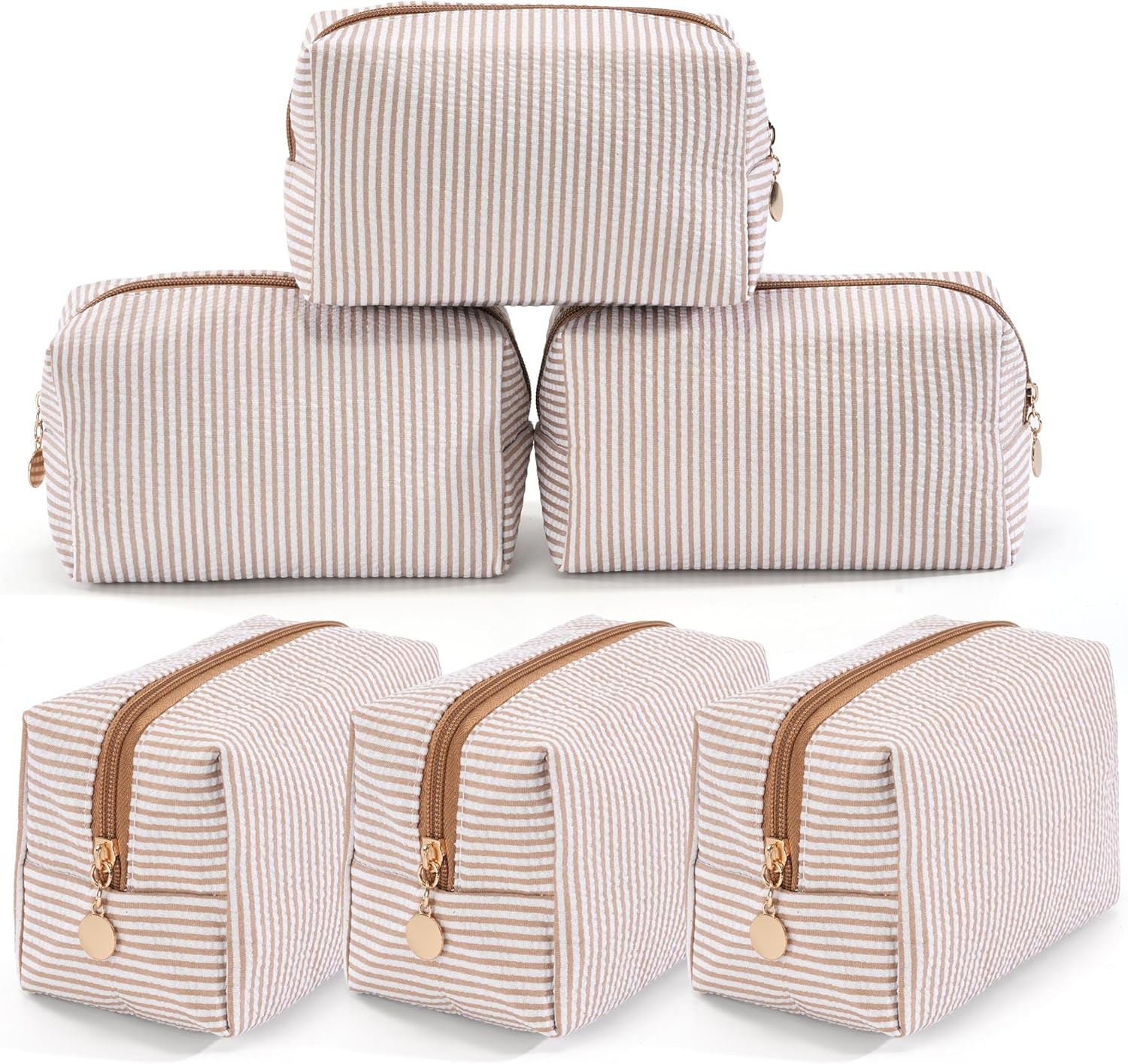 6PCS Makeup Bag Travel Toiletry Bag for Women, Small Cosmetic Bags with Lace Trim Cute Brown Stripe Aesthetic Organizer Makeup Pouch for Purse Emergency Bag Pencil Case Accessory Bag