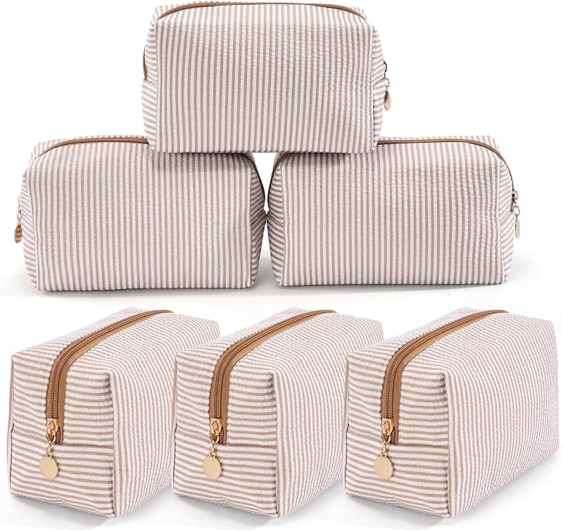 Conjunto com 6 necessaires de maquiagem UUYUUY em tecido marrom listrado, com zíper