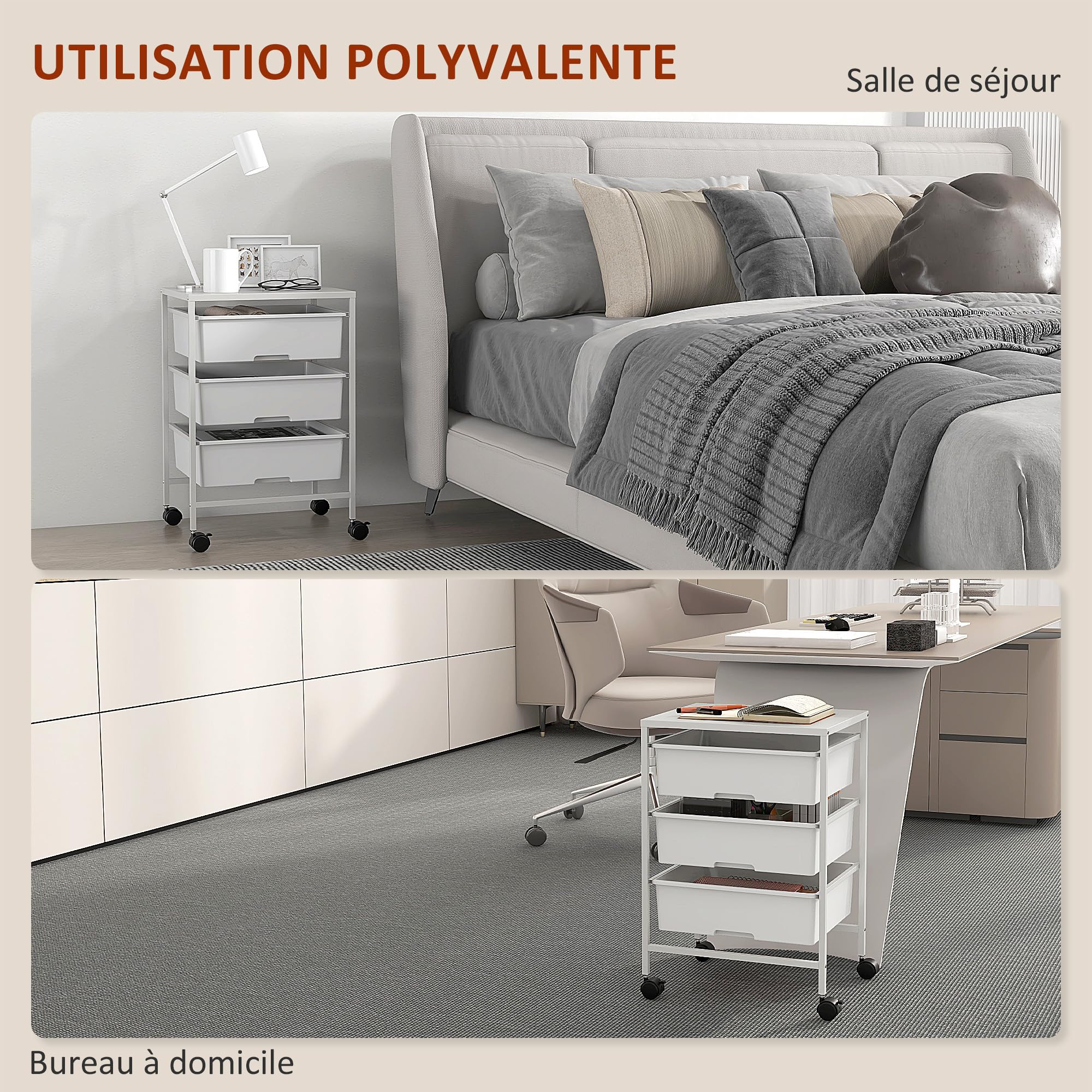 HOMCOM Desserte à roulettes, Chariot de Rangement à roulettes Chariot de Service à 3 Niveaux, Plateau et 3 Panier, Cadre en Acier, desserte Cuisine, Chambre à Coucher, Salon, Bureau - Blanc