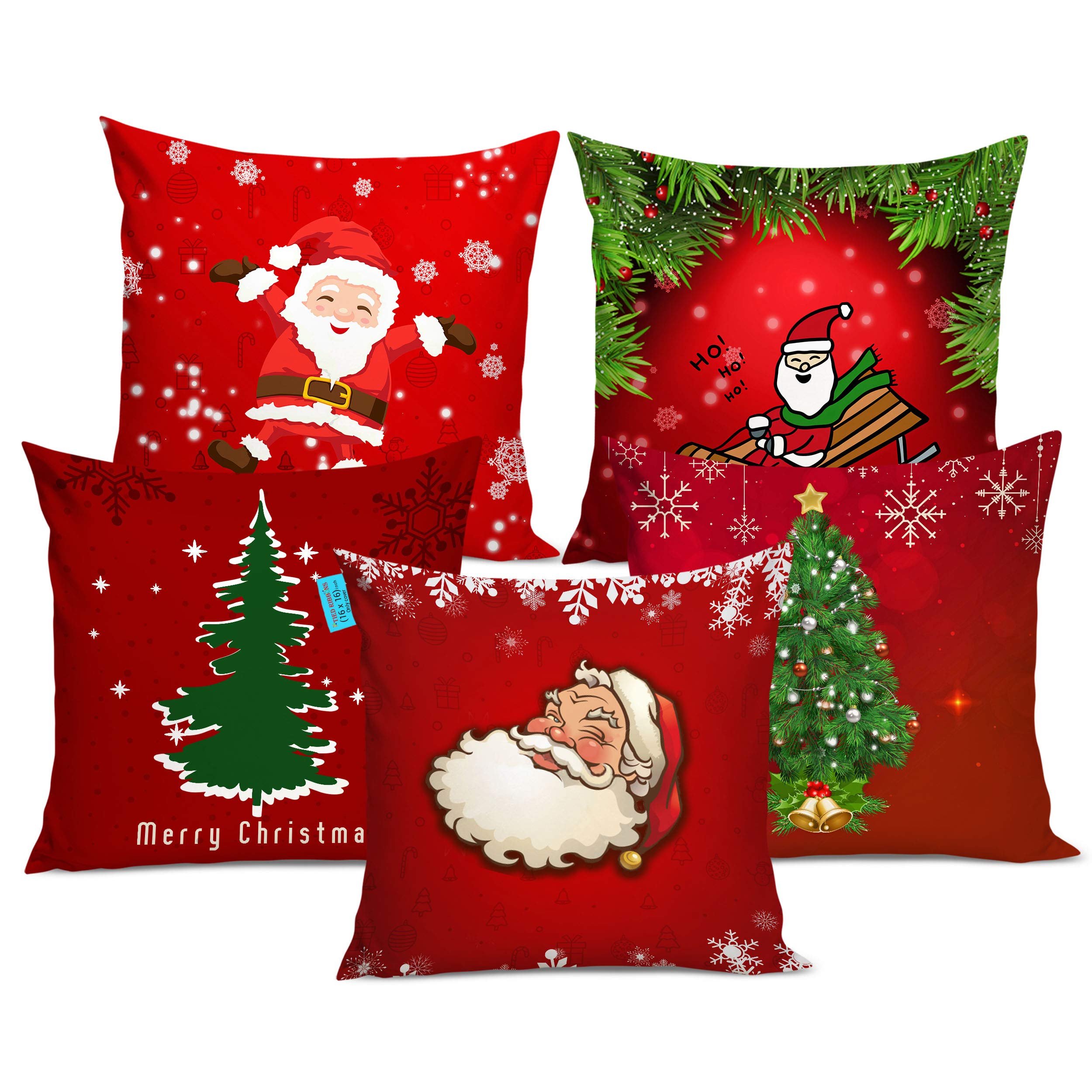 TIED RIBBONS Christmas Decorations Items Cushion Covers for Sofa Home Office - Set of 5 Printed Cushion Covers 16X16 Inch - Christmas Theme Cushion Cover - Christmas Decoration Items - Xmas Gifts